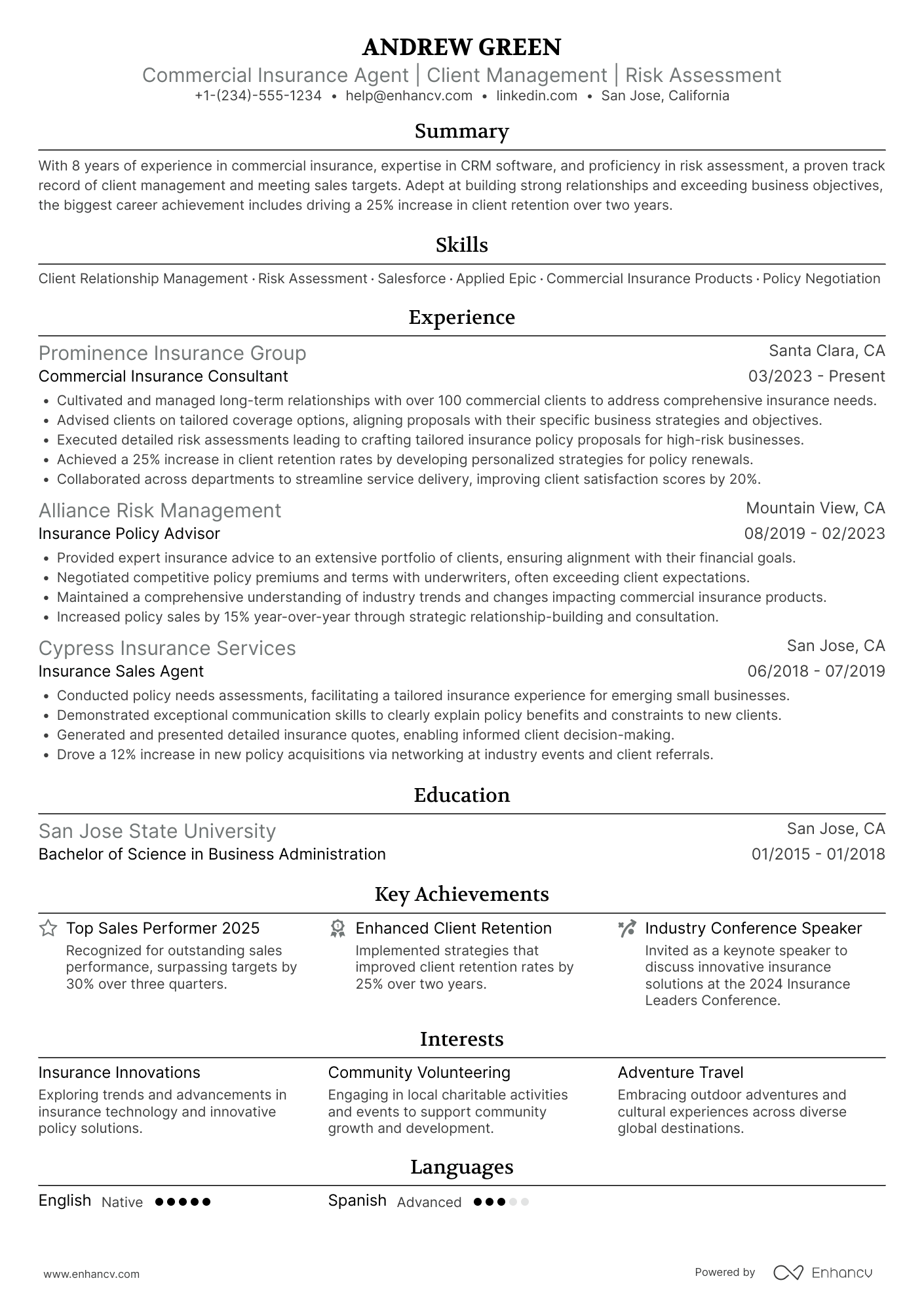 Commercial Insurance Agent Resume Example