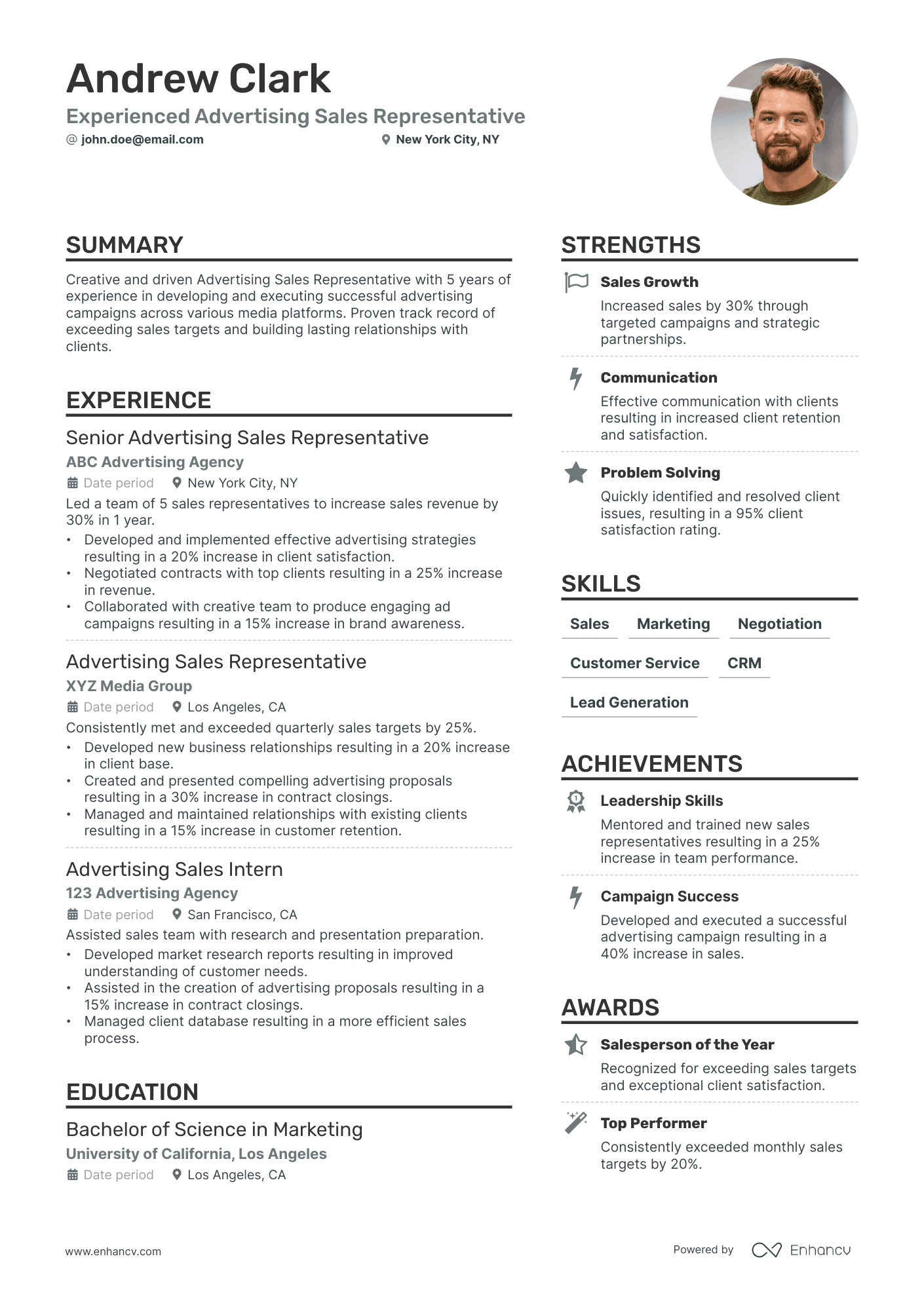 Advertising Sales Representative Resume Example