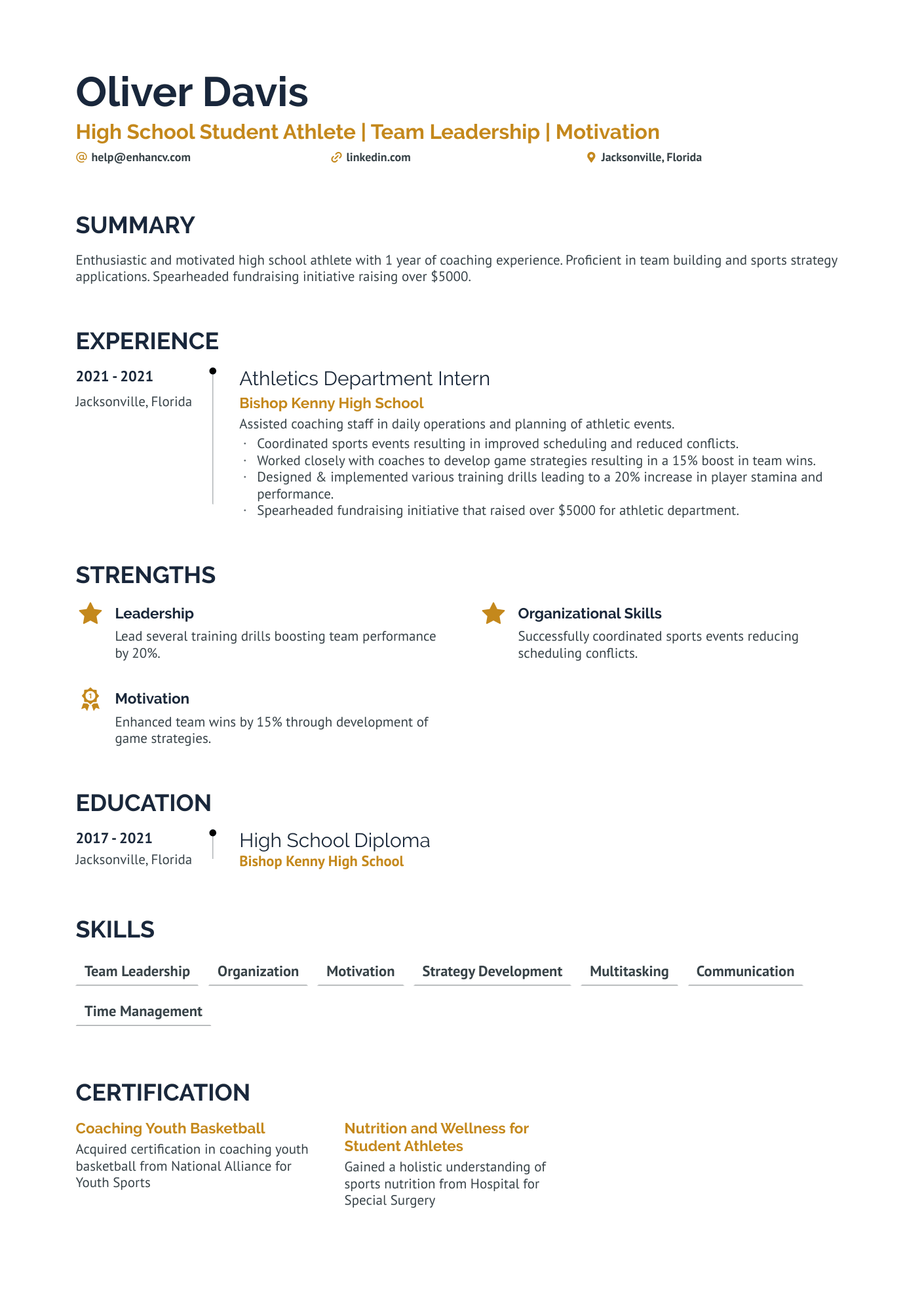 High School Student Athlete  Resume Example