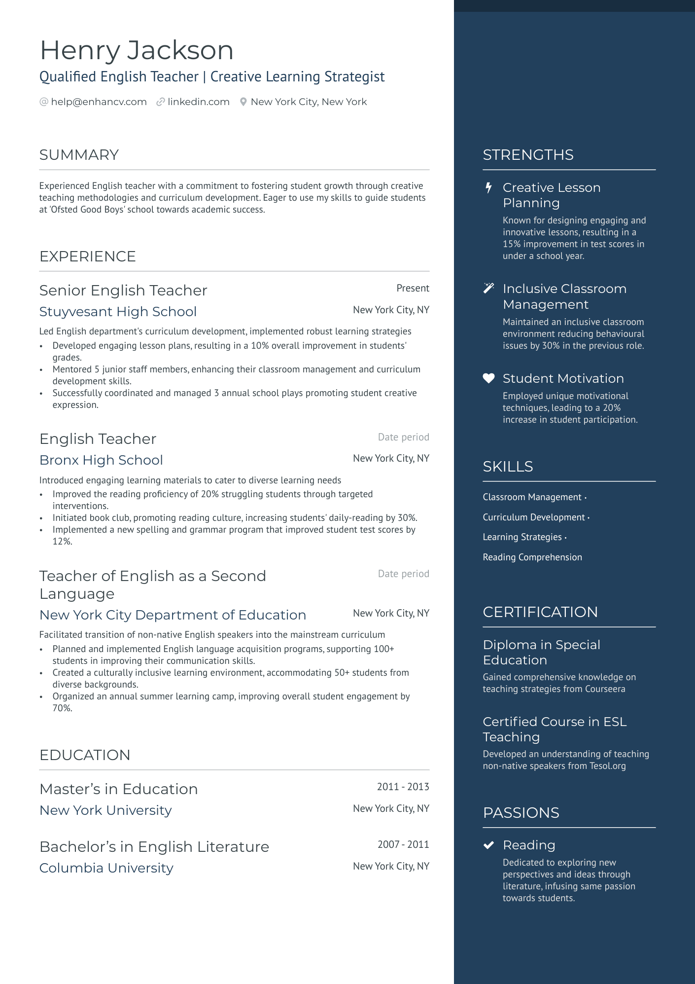 English Teacher Abroad Resume Example