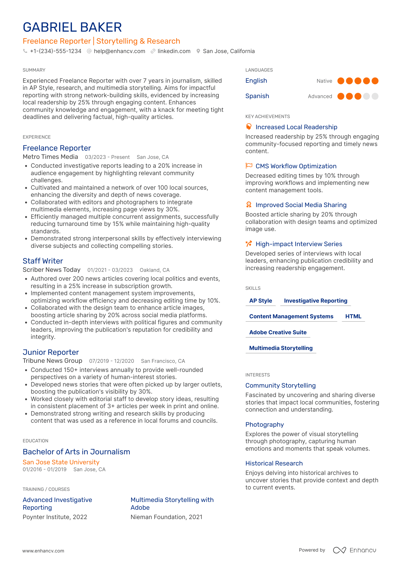 Freelance Reporter Resume Example