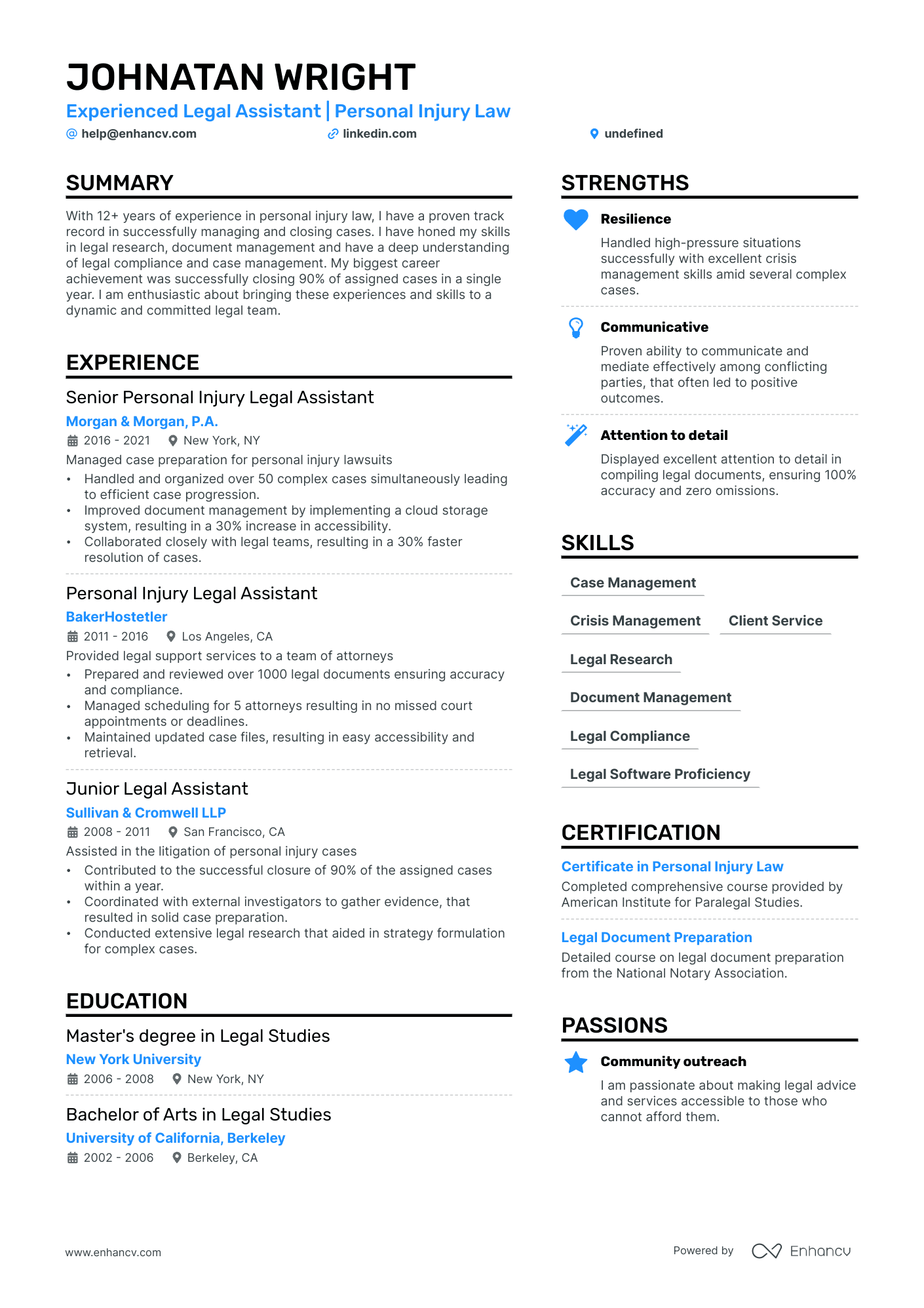 Personal Injury Legal Assistant Resume Example