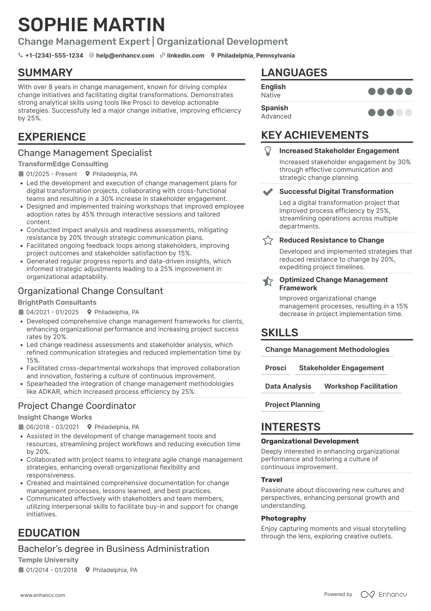 Change Management Facilitator Resume Example