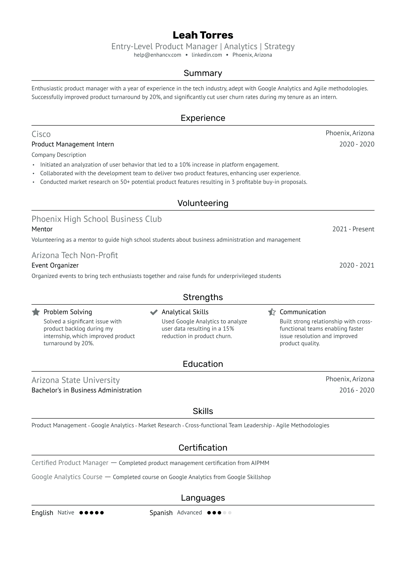 Entry Level Product Manager Resume Example