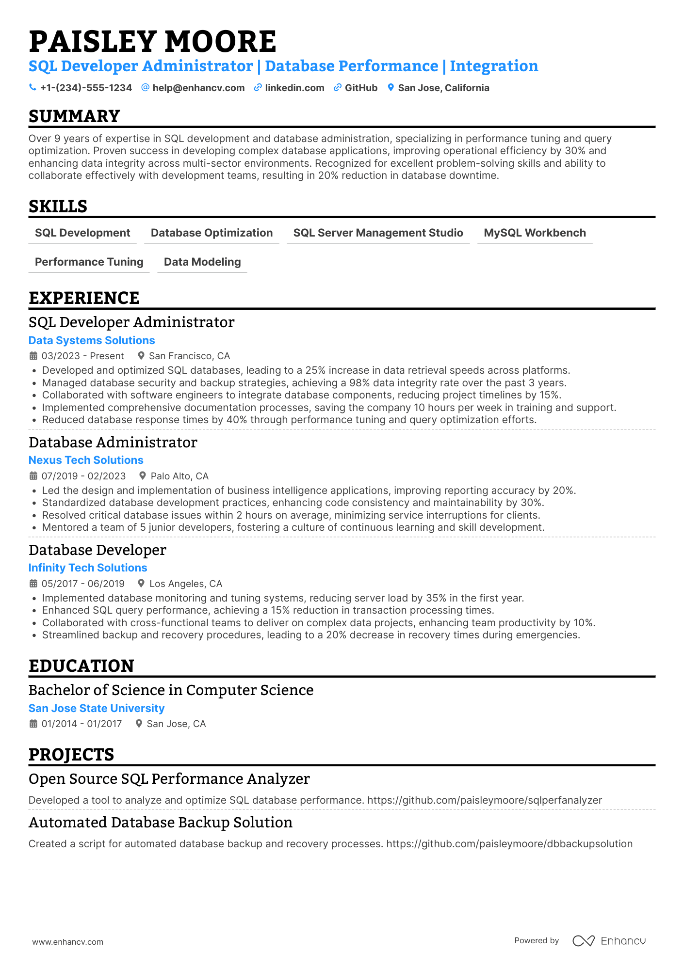 SQL Developer Administrator Resume Example