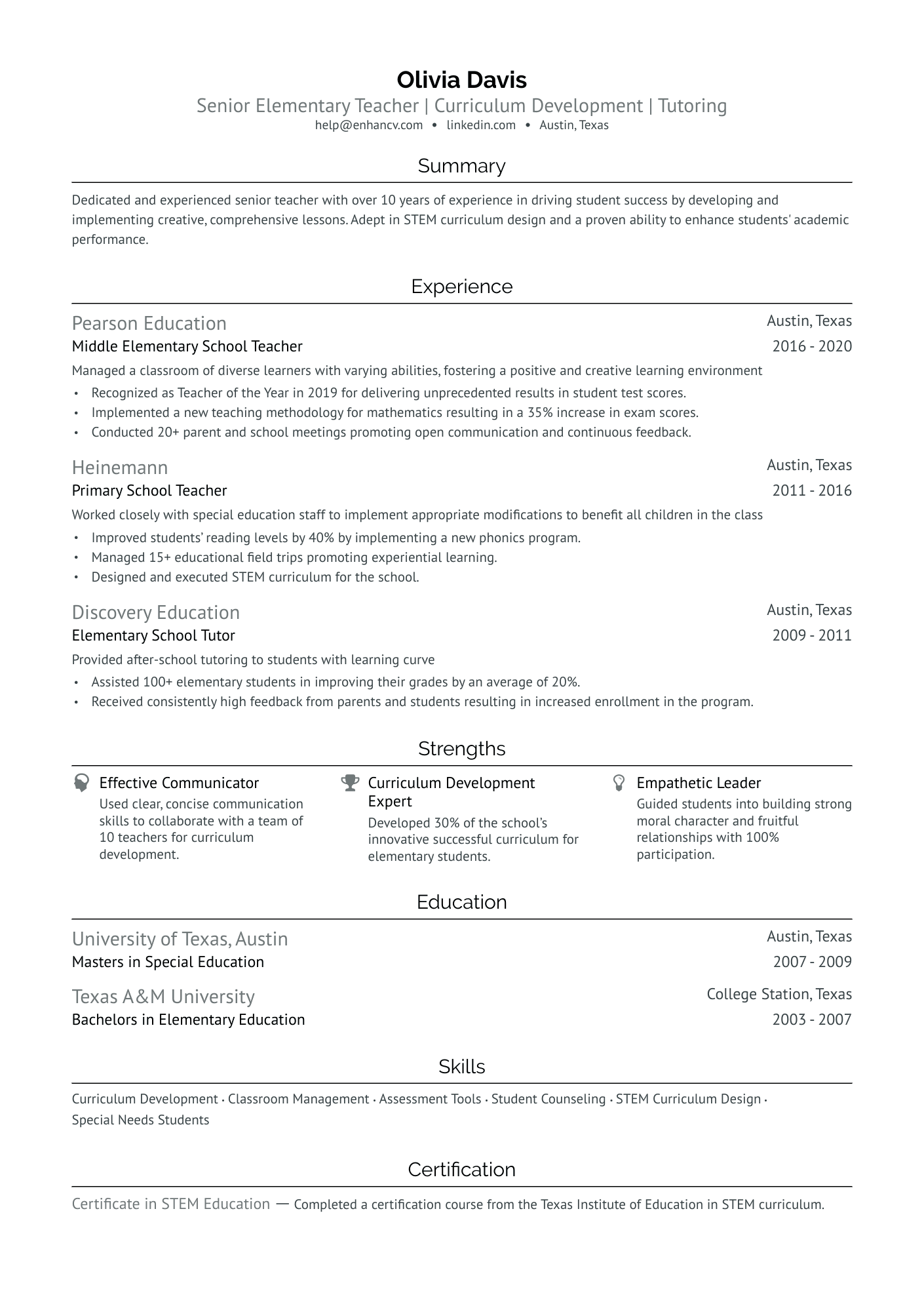 Senior Elementary Teacher Resume Example