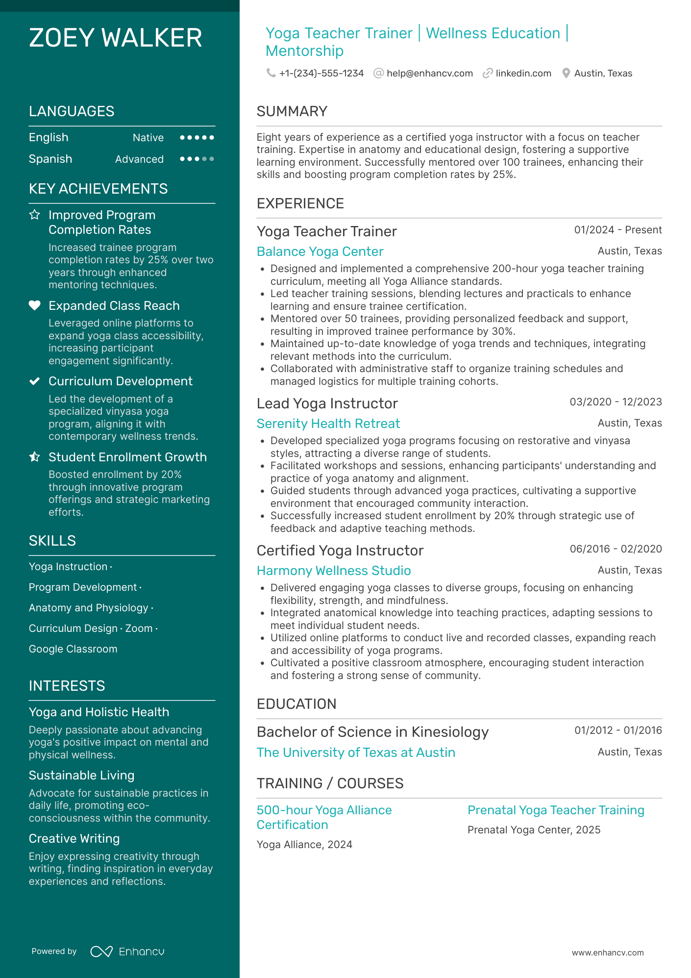Yoga Teacher Trainer Resume Example
