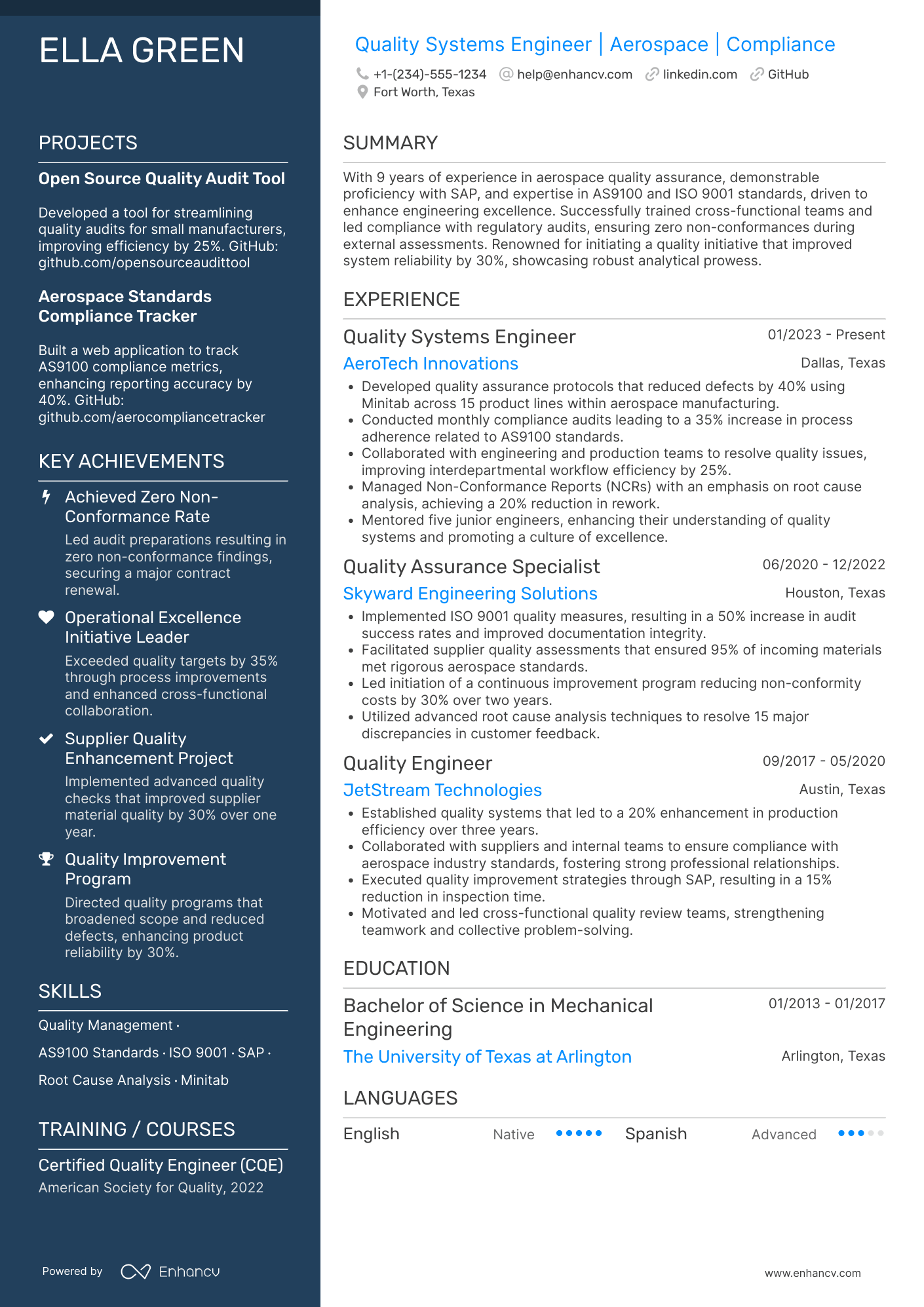 Quality Systems Engineer Resume Example