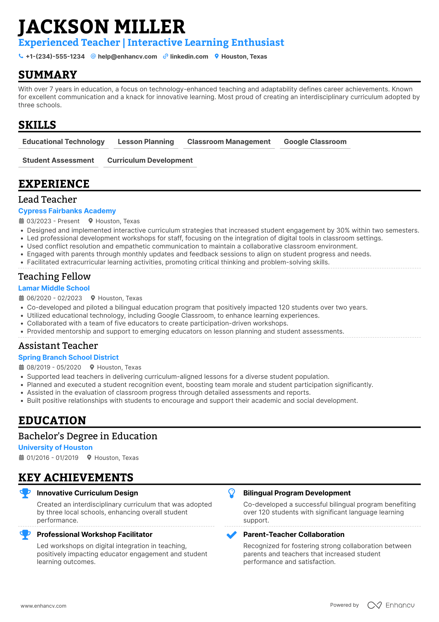 Summer School Teacher Resume Example