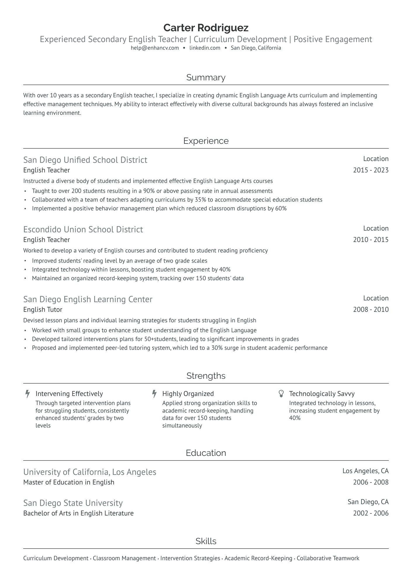 Secondary English Teacher Resume Example