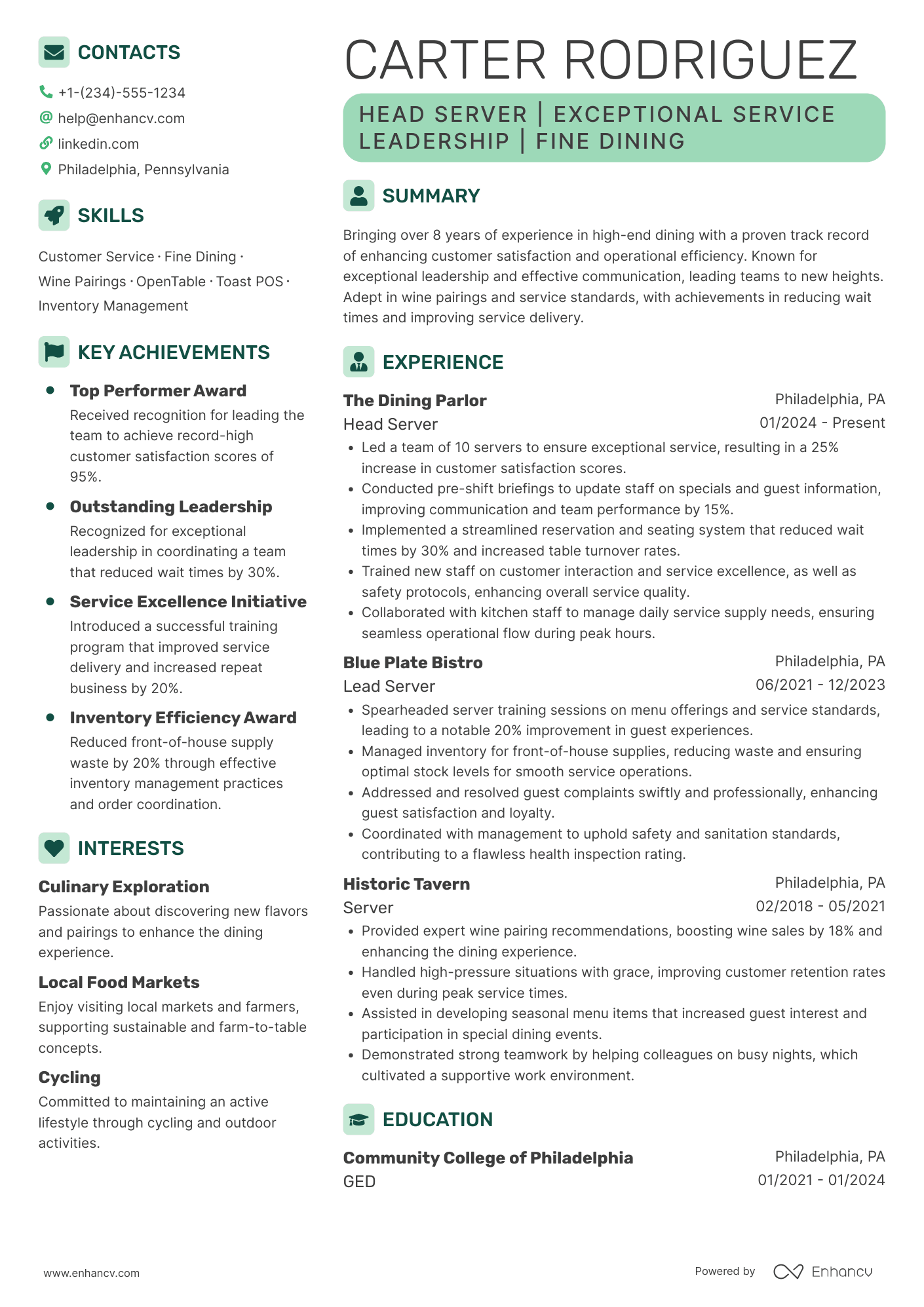 Head Server Resume Example