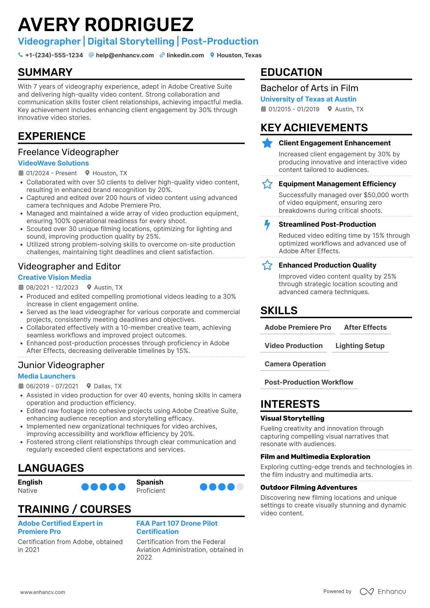 Freelance Videographer Resume Example