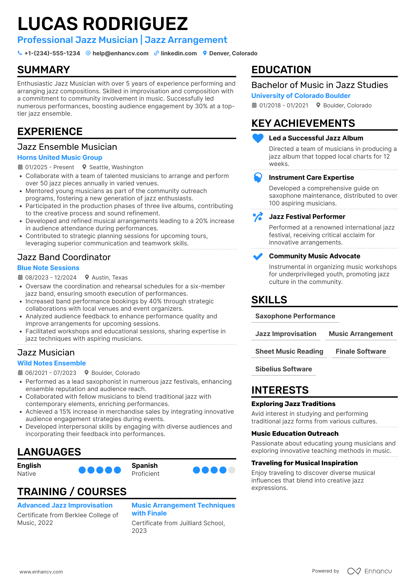 Jazz Ensemble Musician Resume Example
