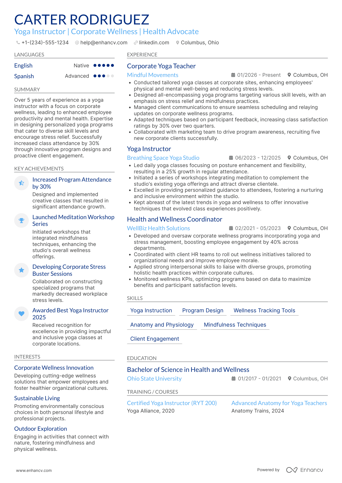 Corporate Yoga Teacher Resume Example