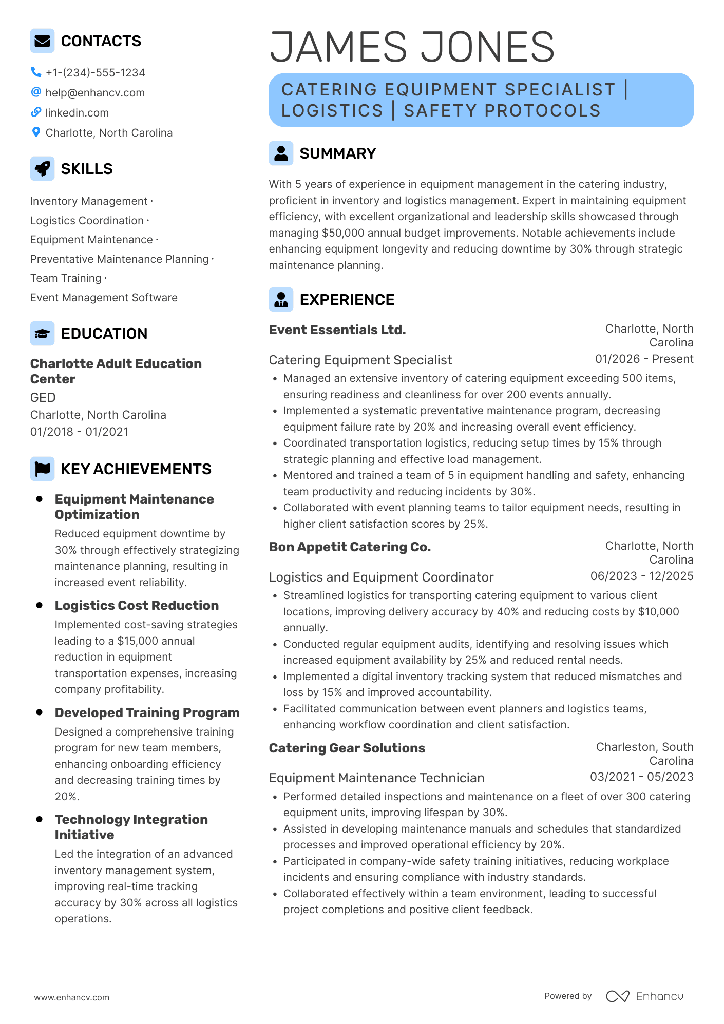 Catering Equipment Manager Resume Example