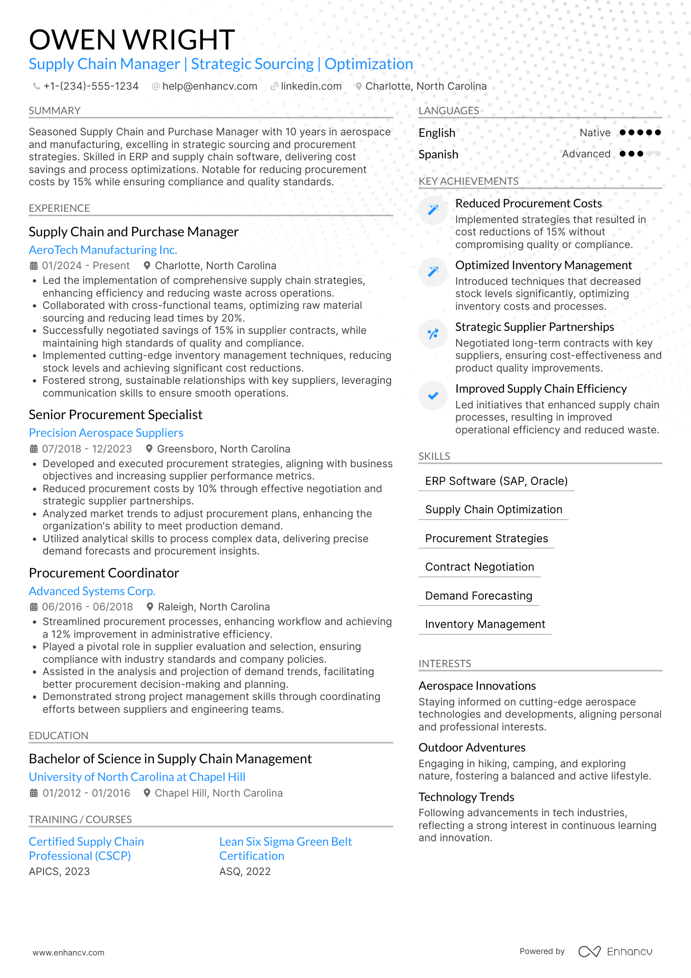 Supply Chain and Purchase Manager Resume Example