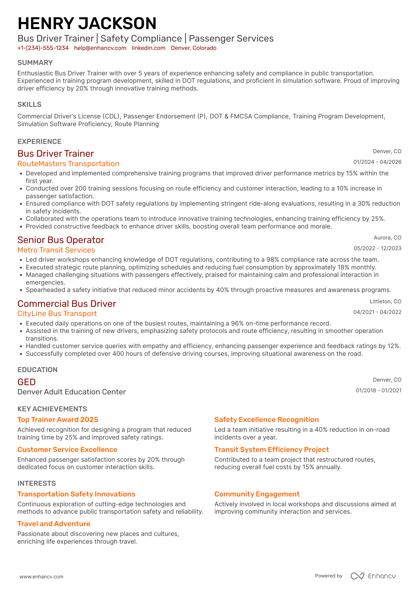 Bus Driver Trainer Resume Example