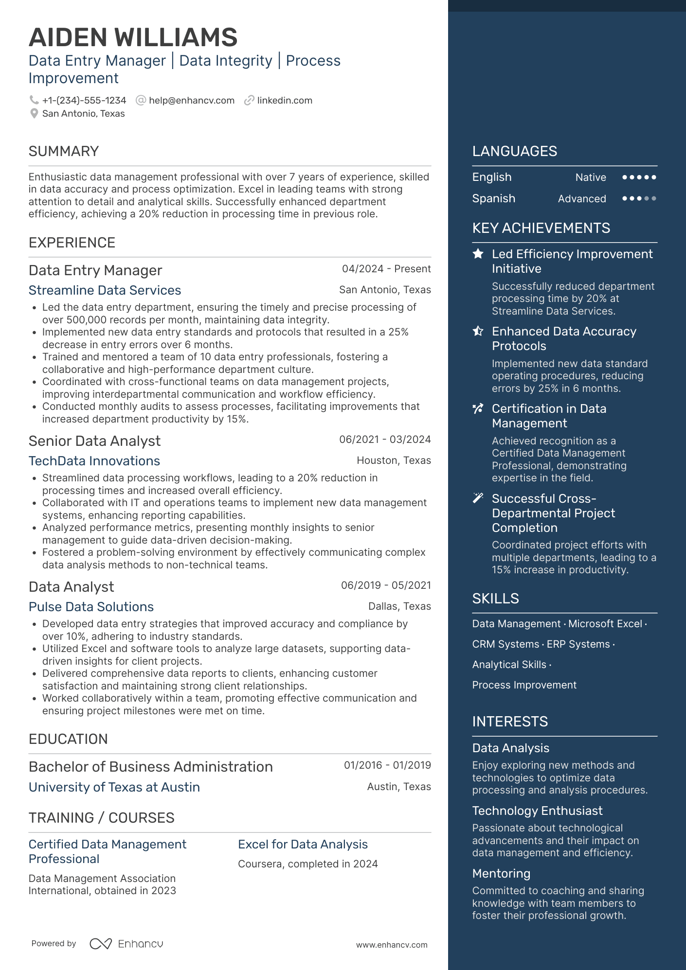 Data Entry Manager Resume Example