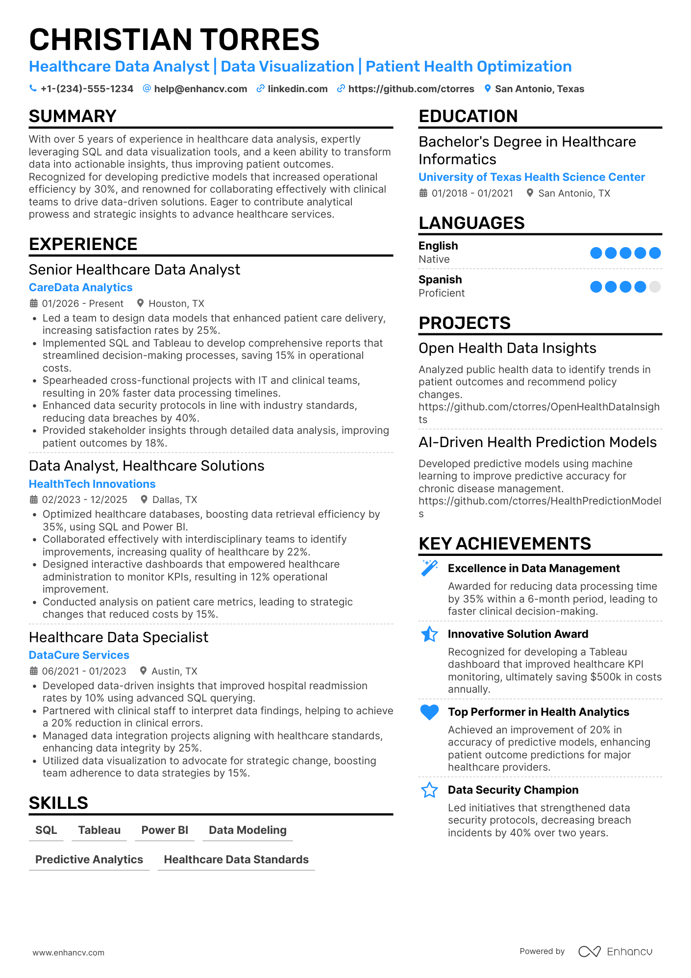 Healthcare Data Analyst Resume Example