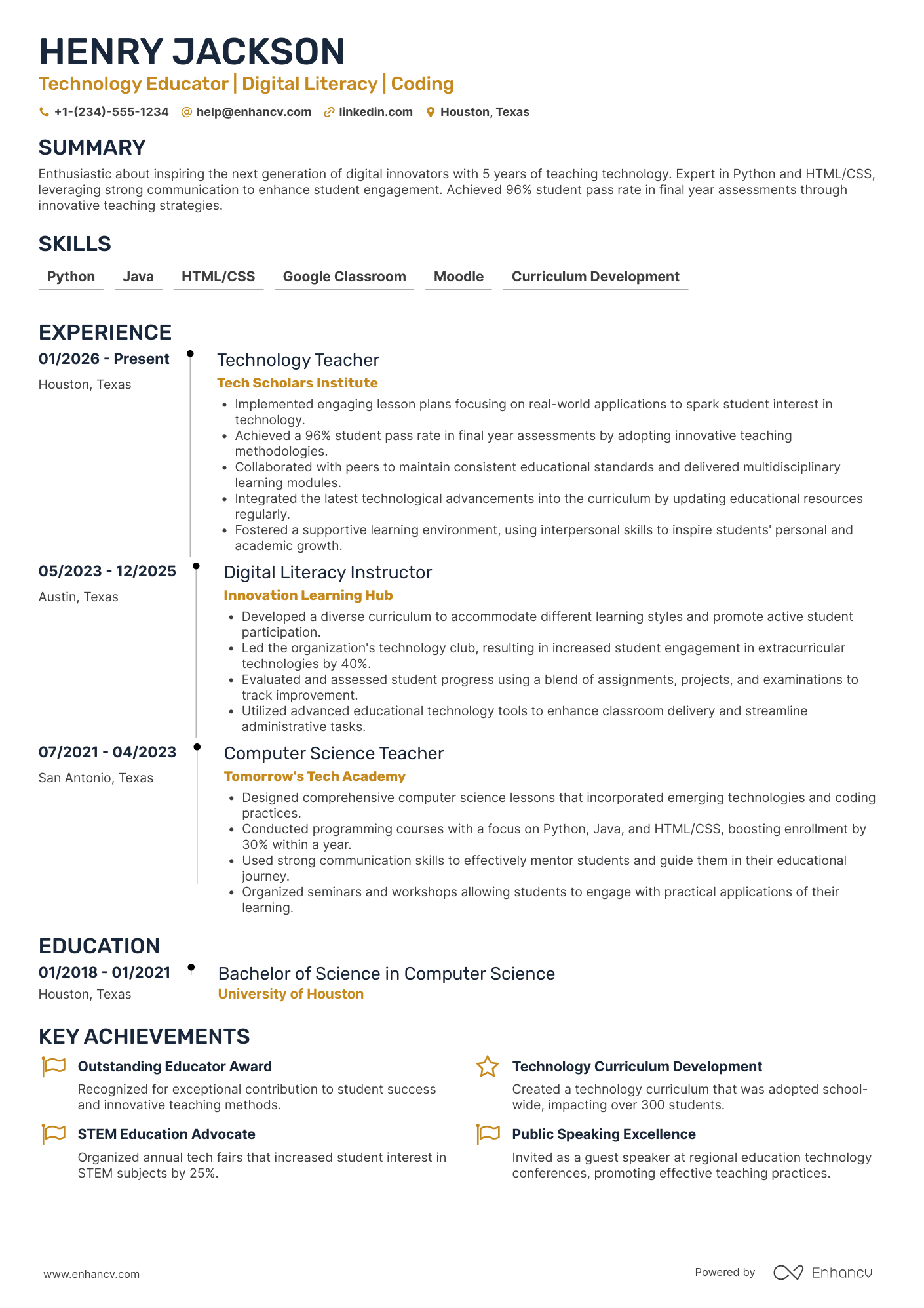 Technology Teacher Resume Example