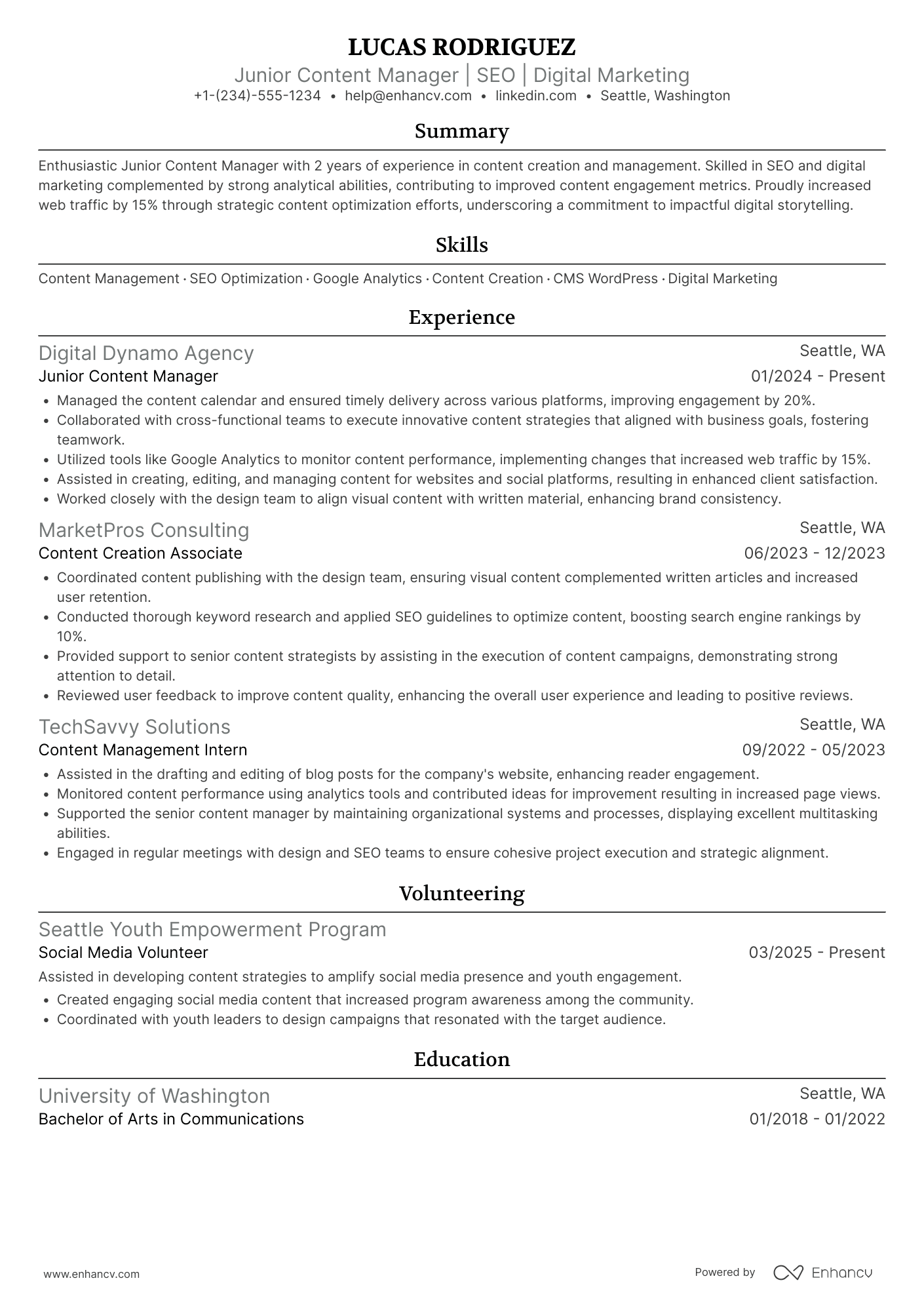 Junior Content Manager Resume Example
