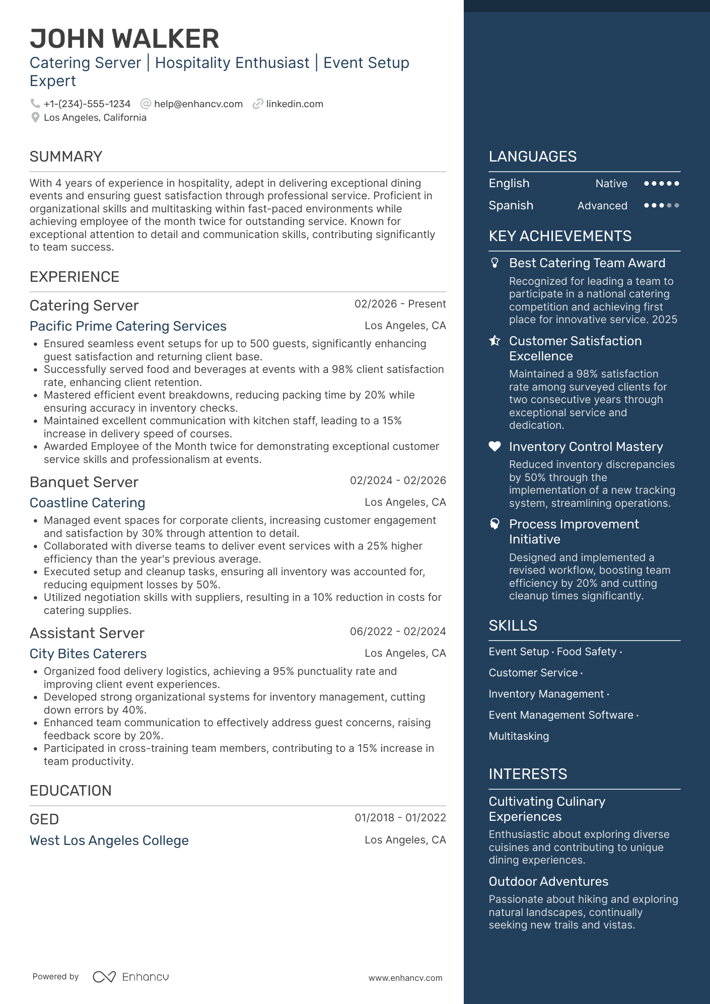 Catering Server Resume Example