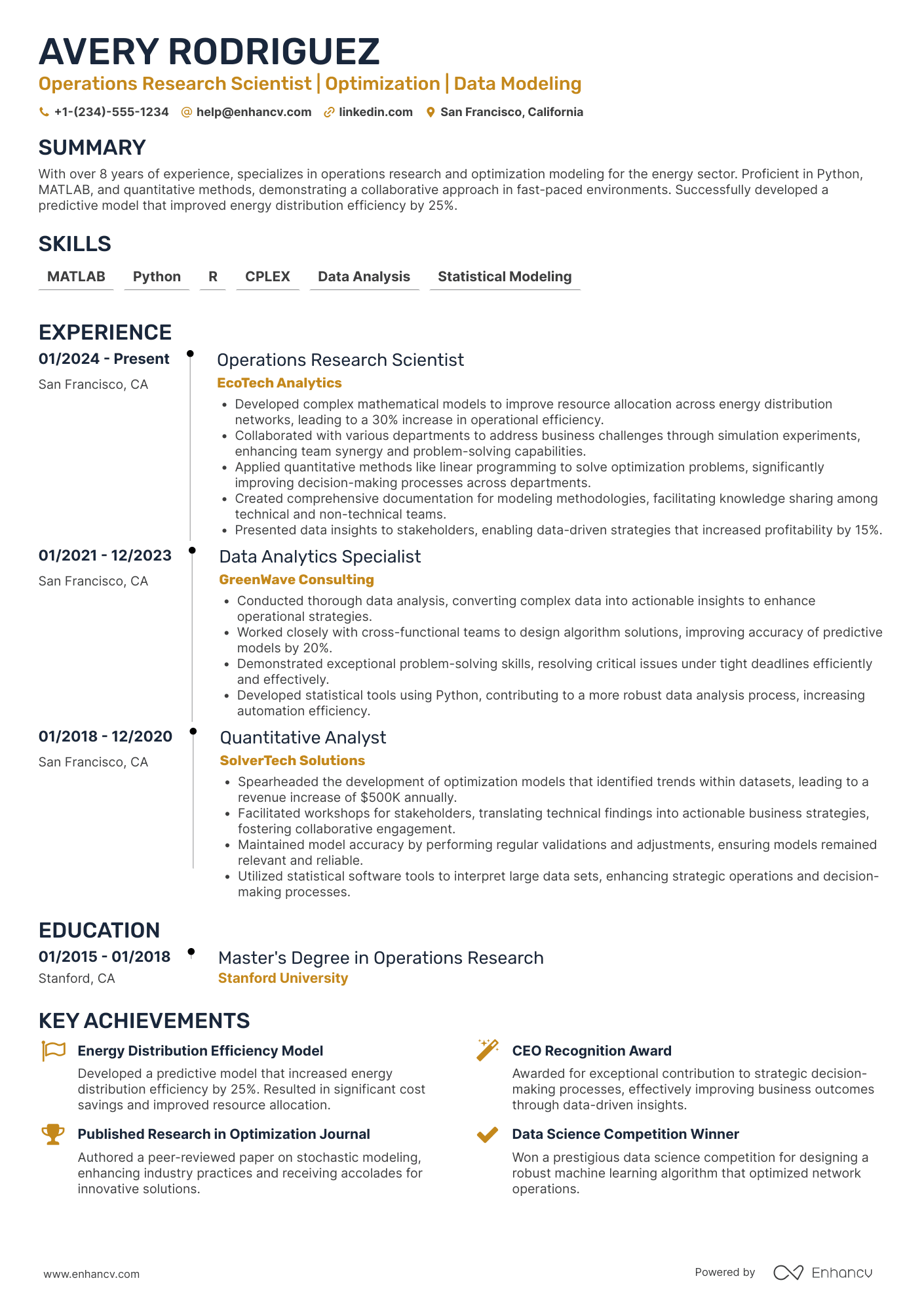 Operations Research Scientist Resume Example