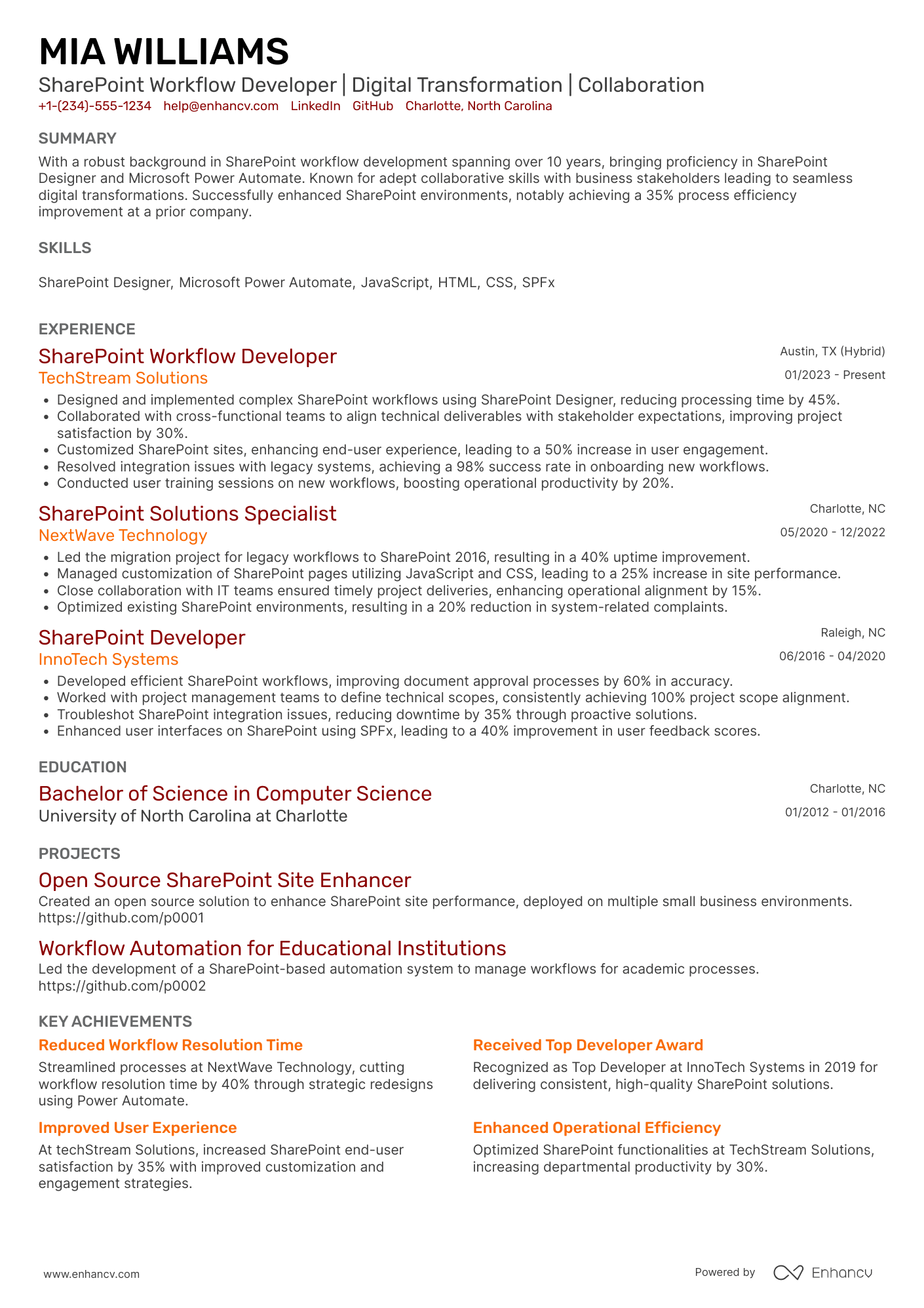 SharePoint Workflow Developer Resume Example