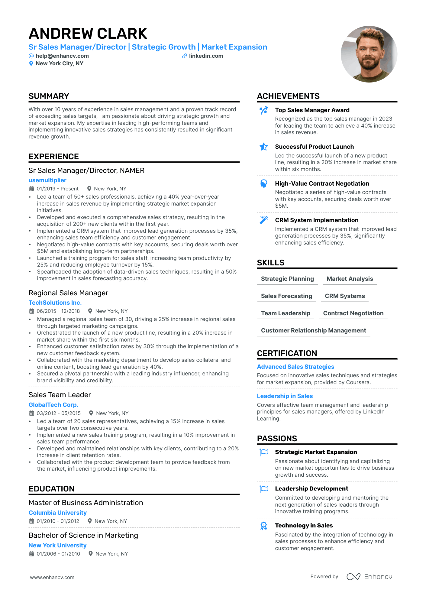 Sales Manager Resume Example