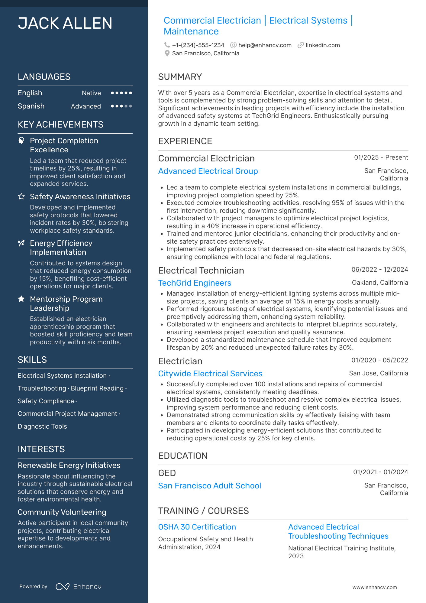 Commercial Electrician Resume Example