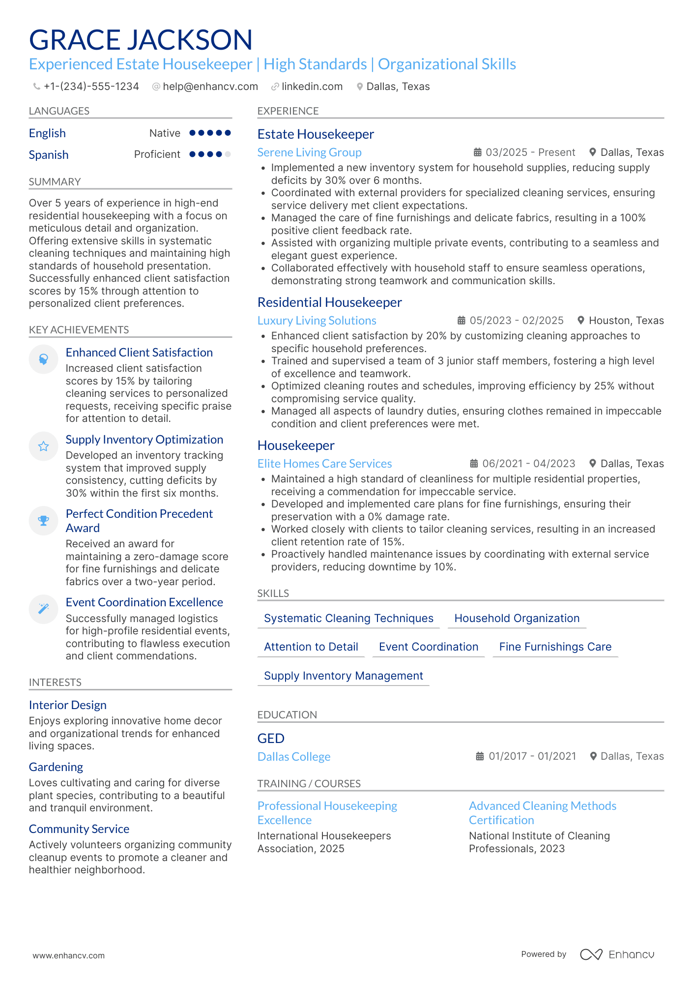 Estate Housekeeper Resume Example