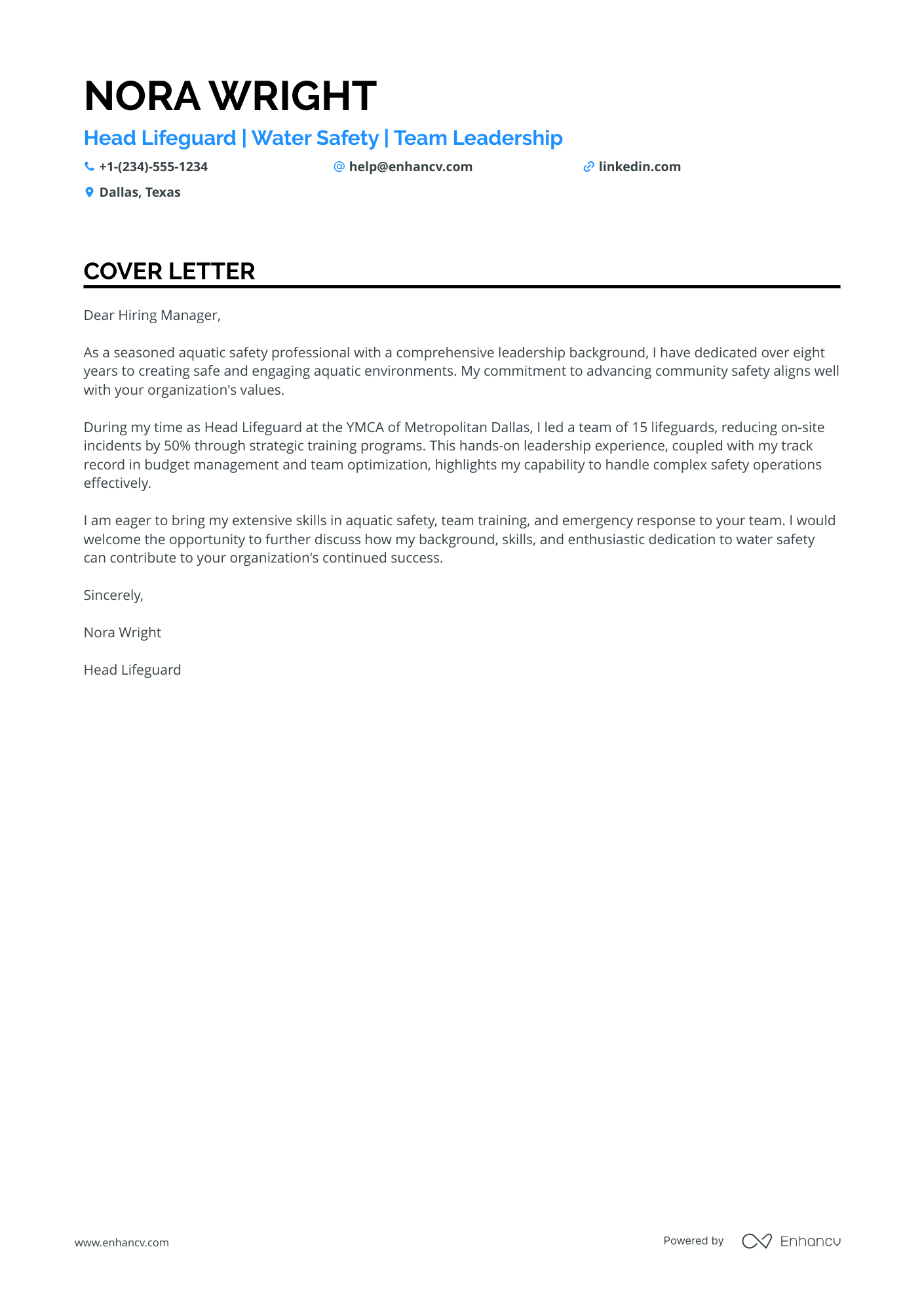 Head Lifeguard Resume Example