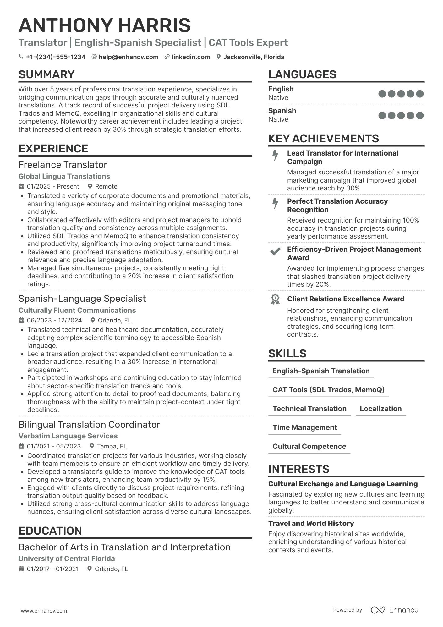 Mid Level Freelance Translator Resume Example