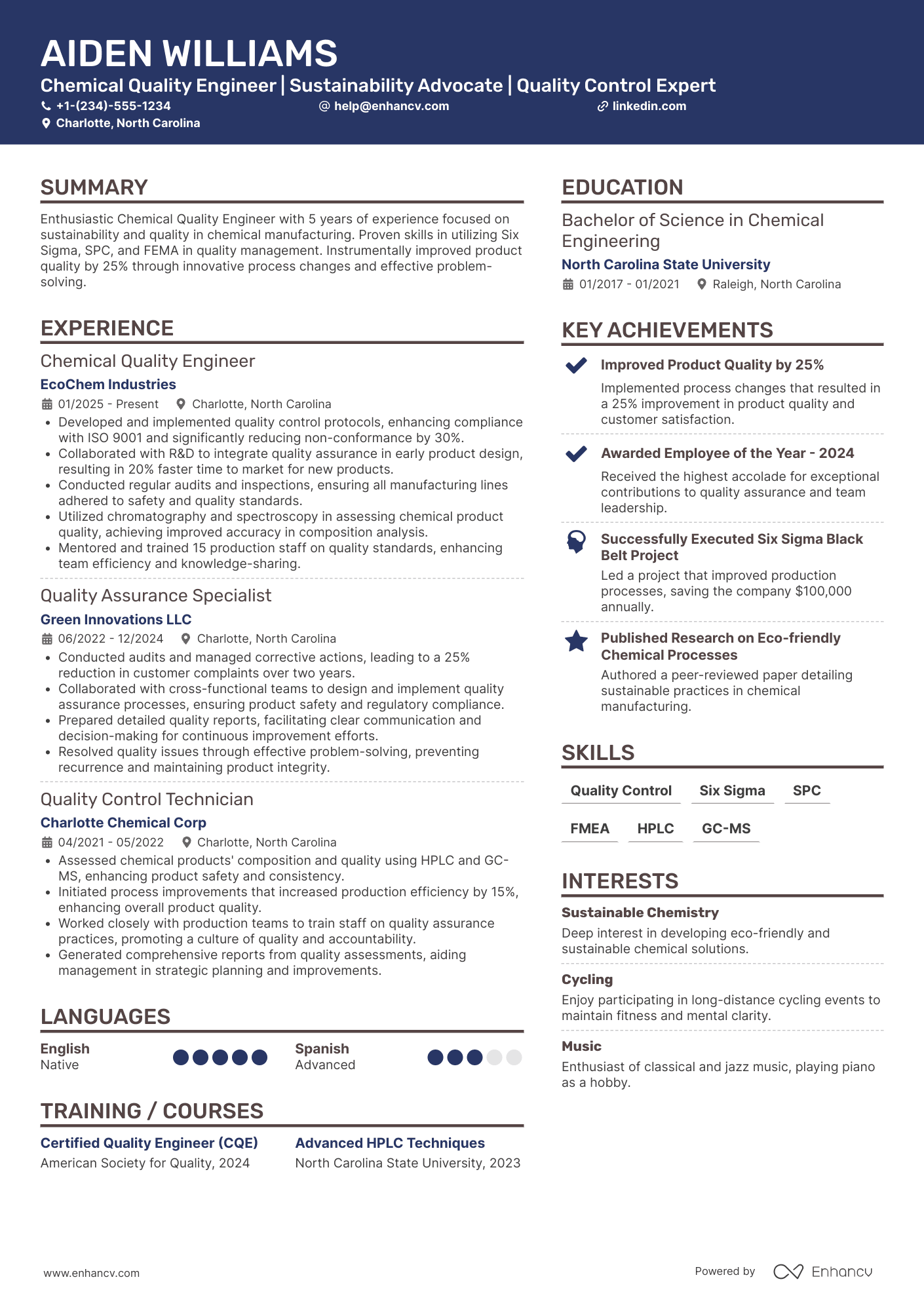 Chemical Quality Engineer Resume Example