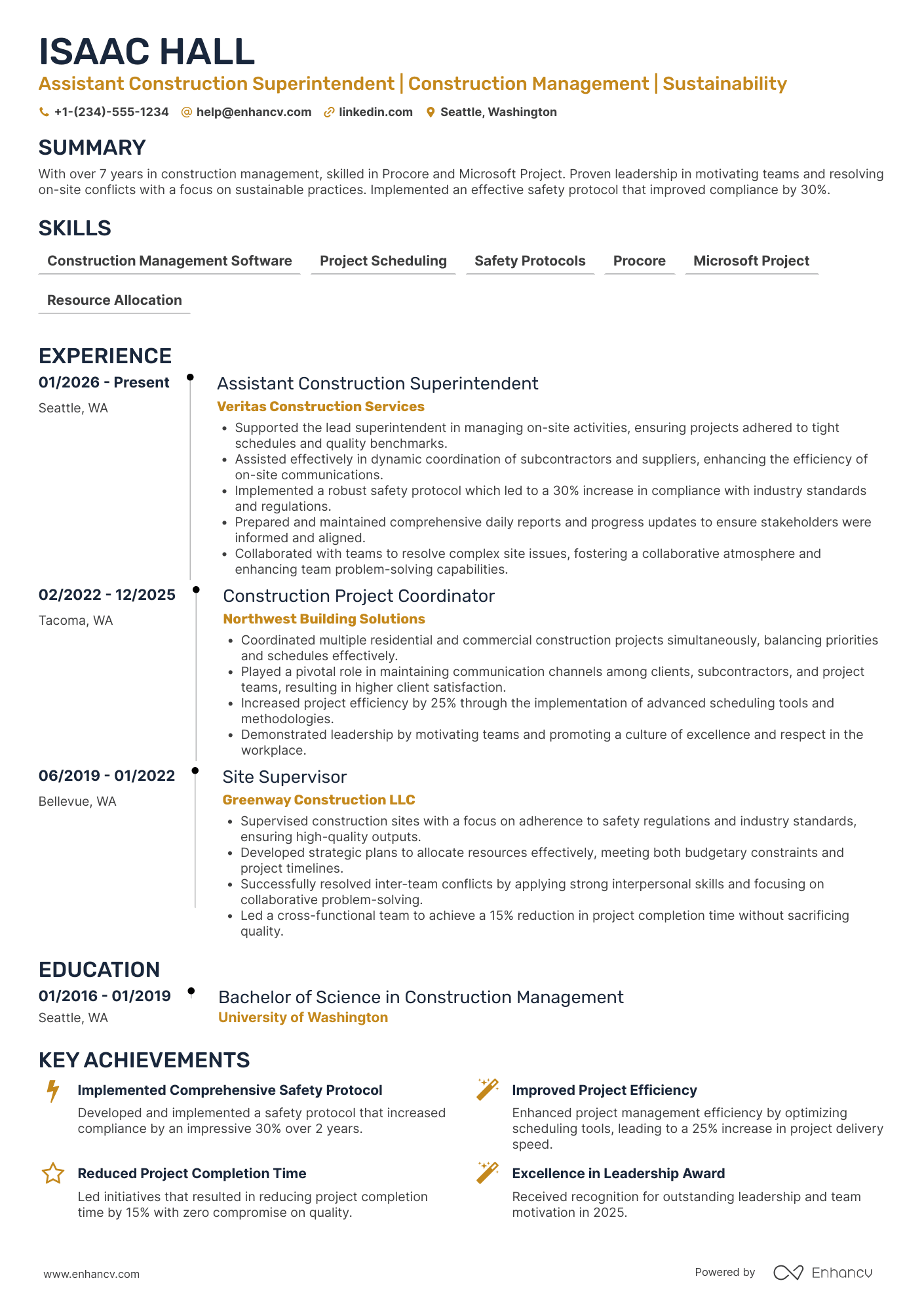 Assistant Construction Superintendent Resume Example