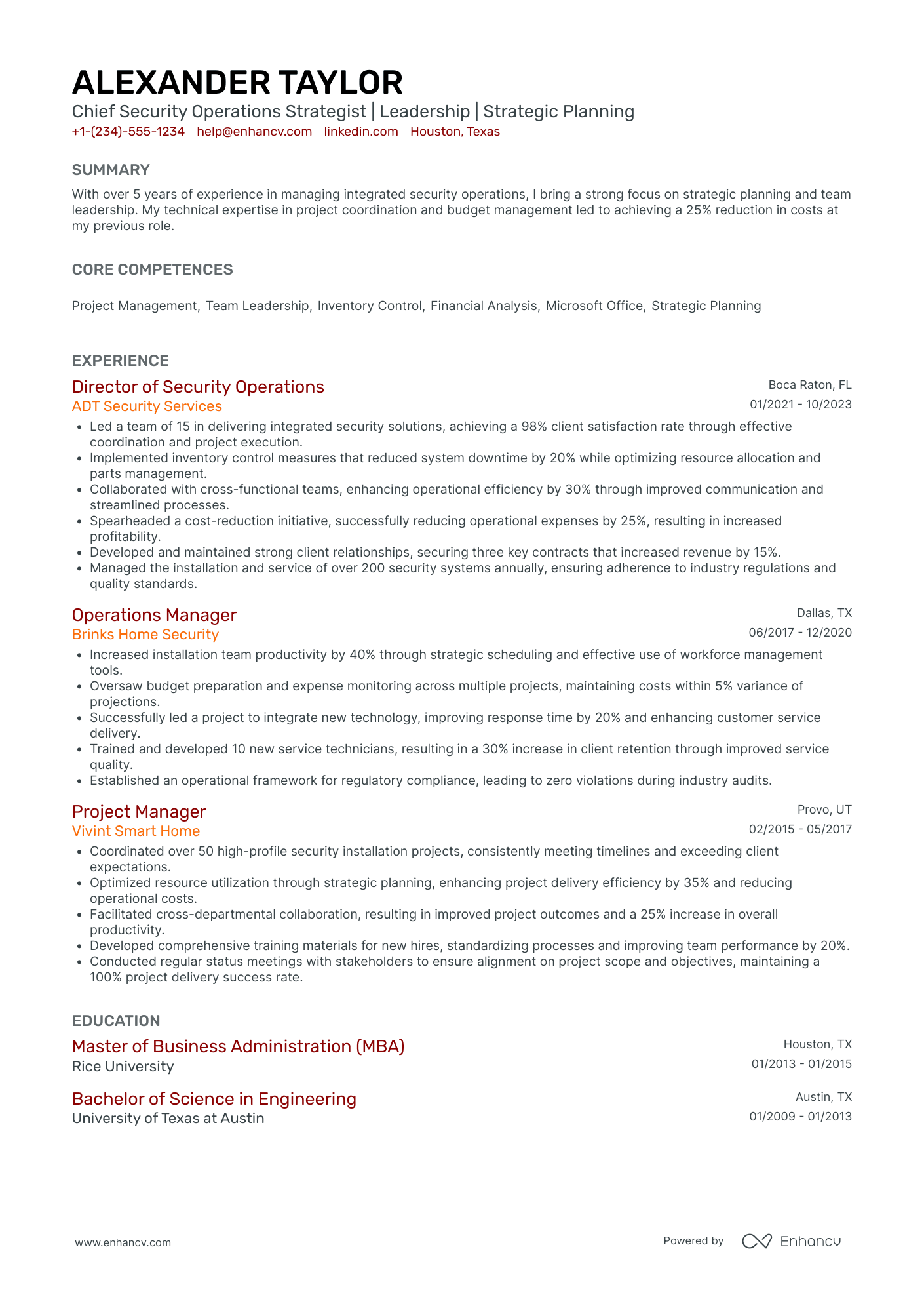 Chief Security Operations Officer Resume Example