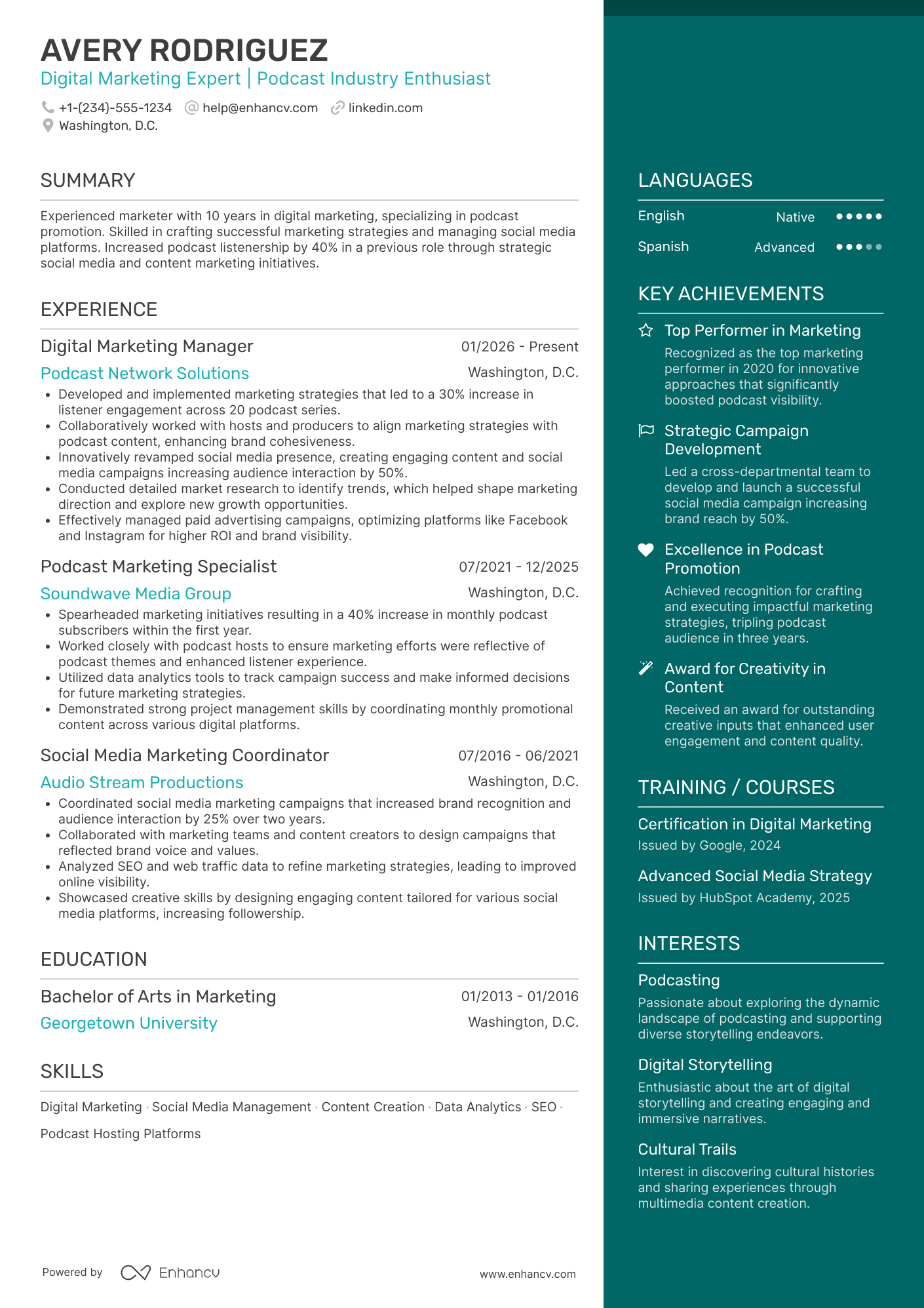 Podcaster Marketing Specialist Resume Example