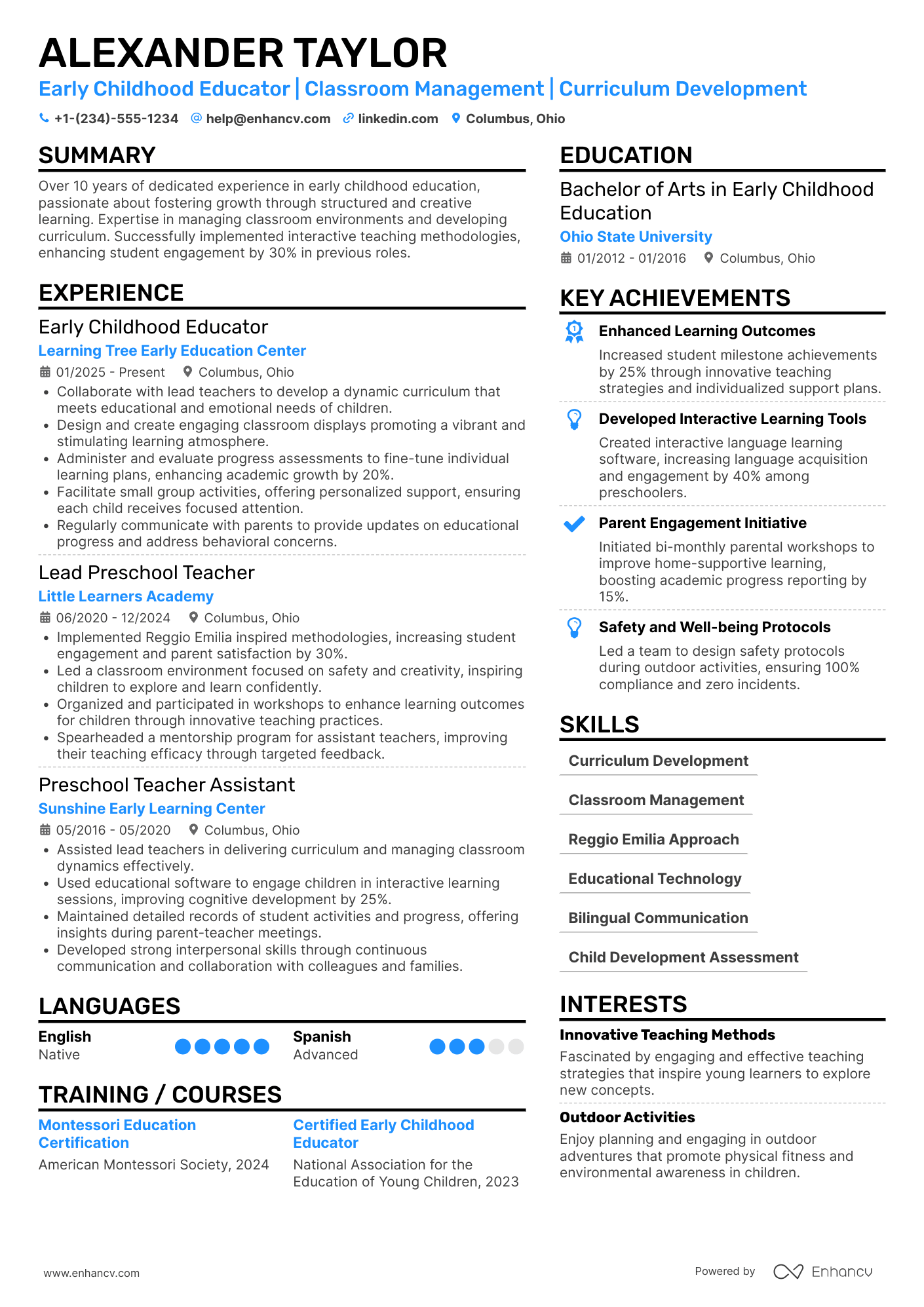 Assistant Kindergarten Teacher Resume Example