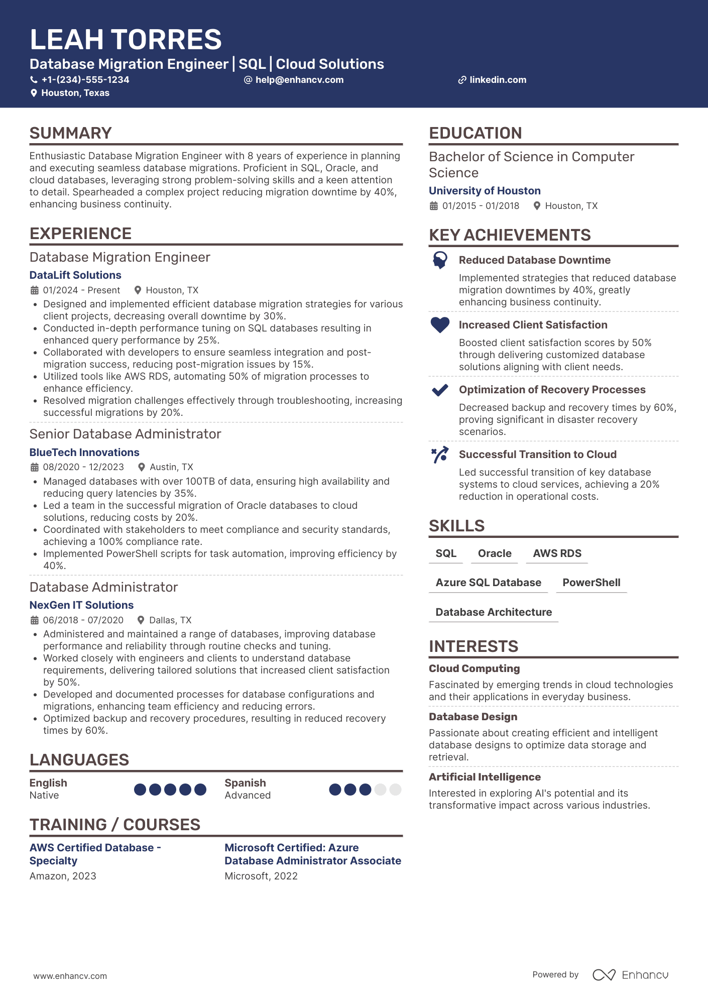 Database Migration Engineer Resume Example