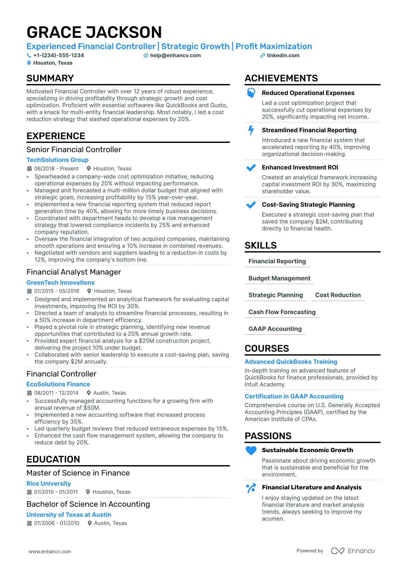 Financial Controller Resume Example