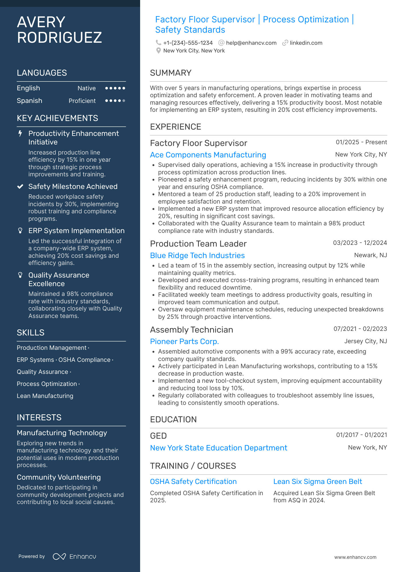 Factory Floor Supervisor Resume Example