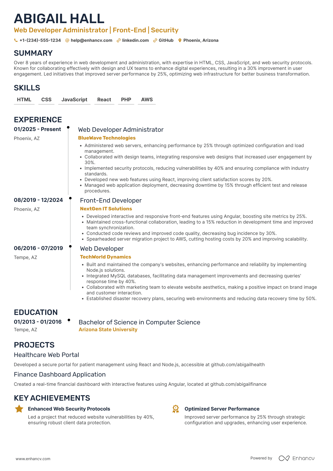 Web Developer Administrator Resume Example