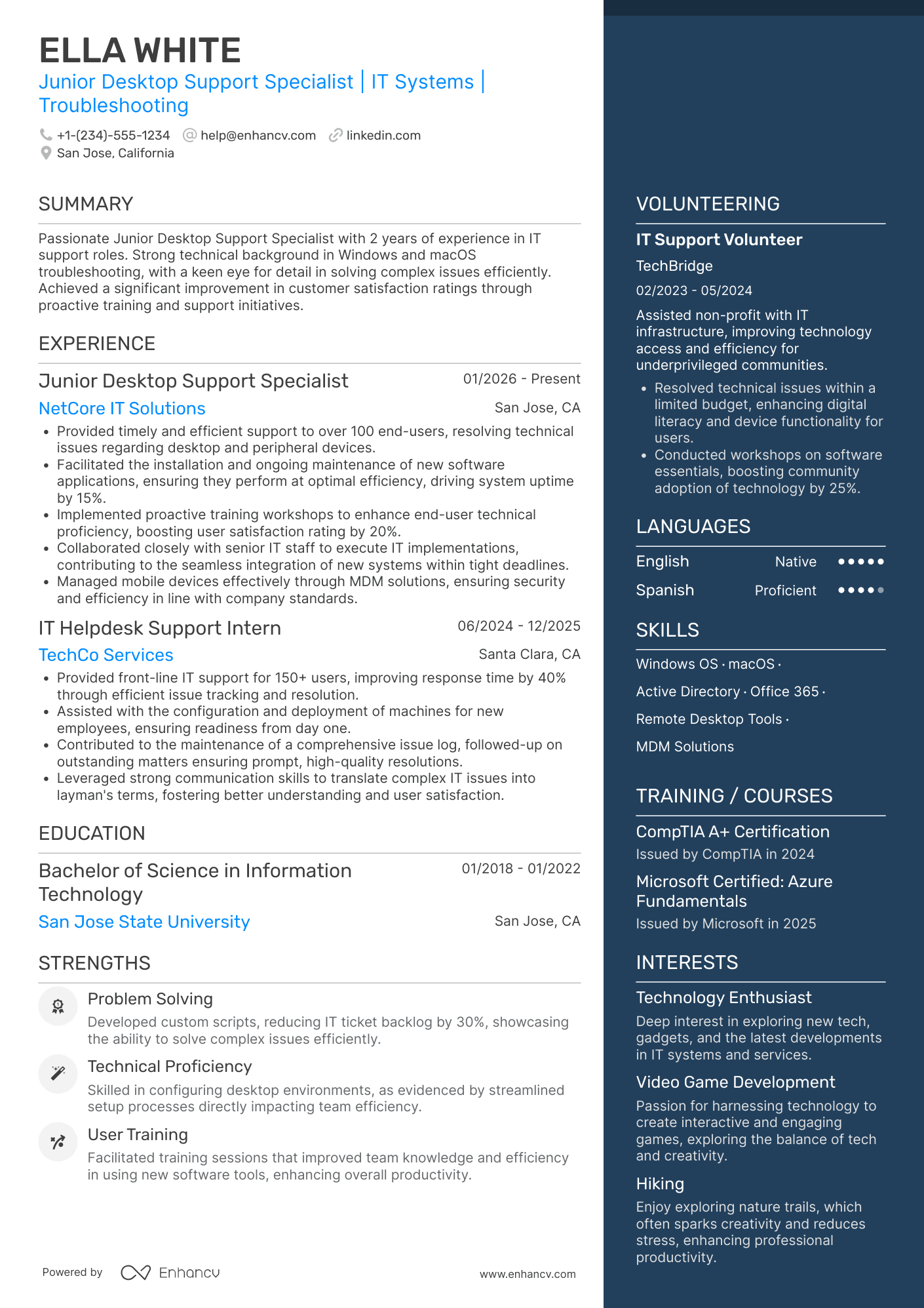 Junior Desktop Support Specialist Resume Example