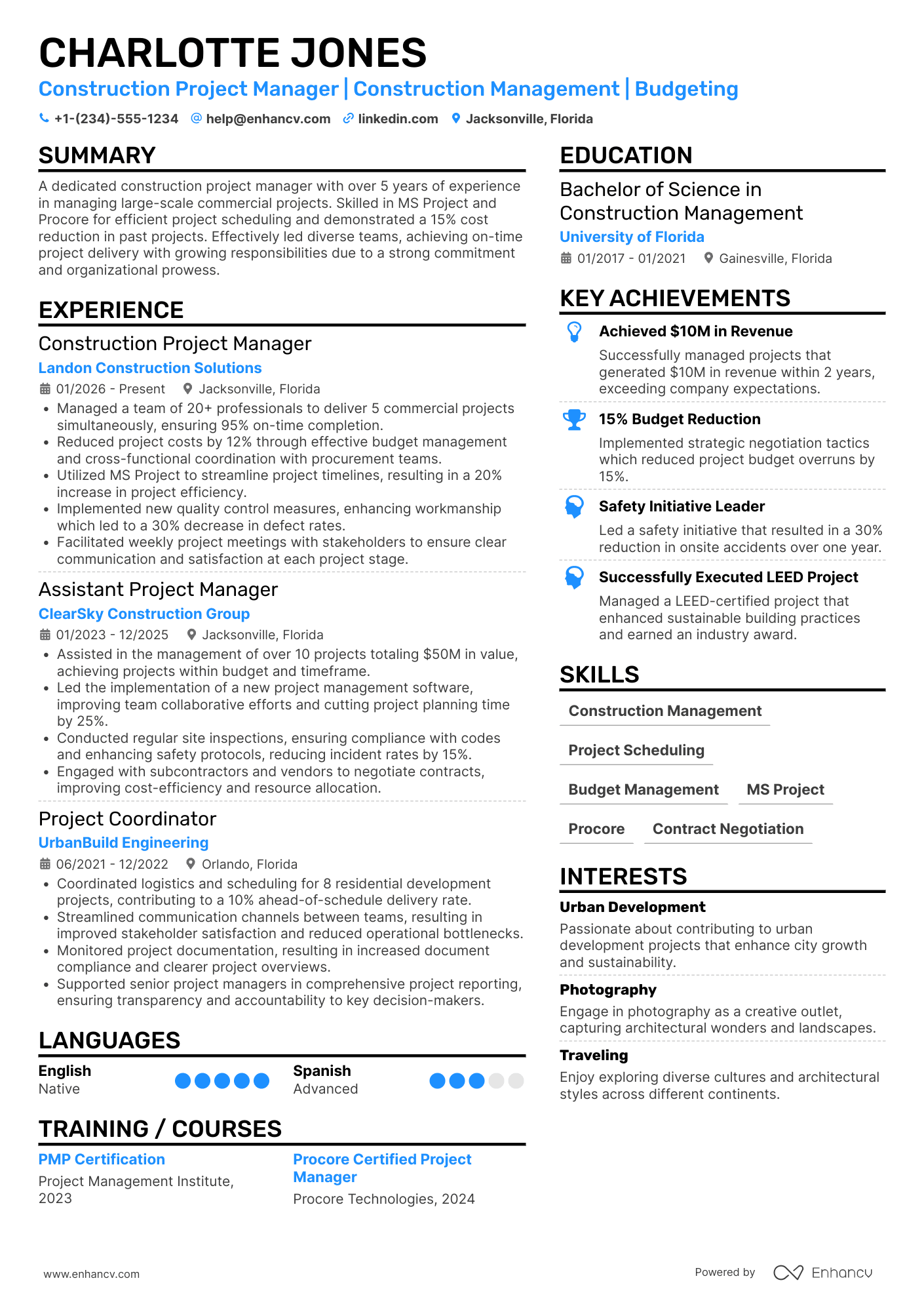 Mid Level Construction Project Manager Resume Example