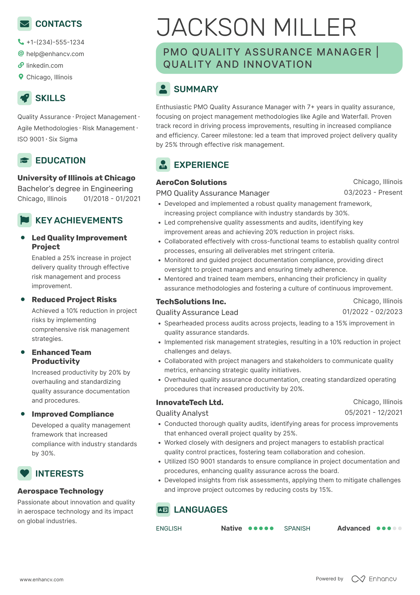 PMO Quality Assurance Manager Resume Example
