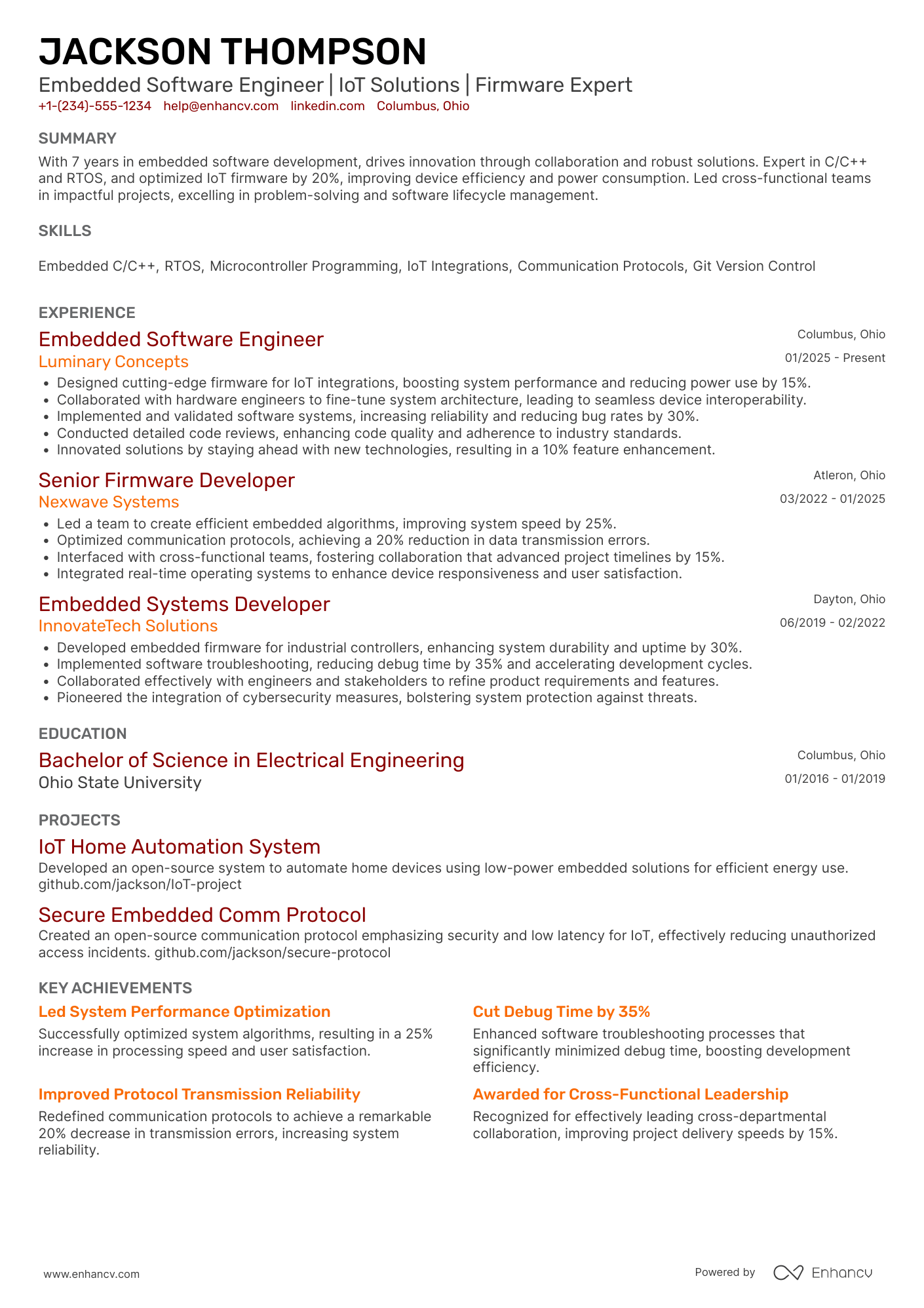 Embedded Software Engineer Resume Example