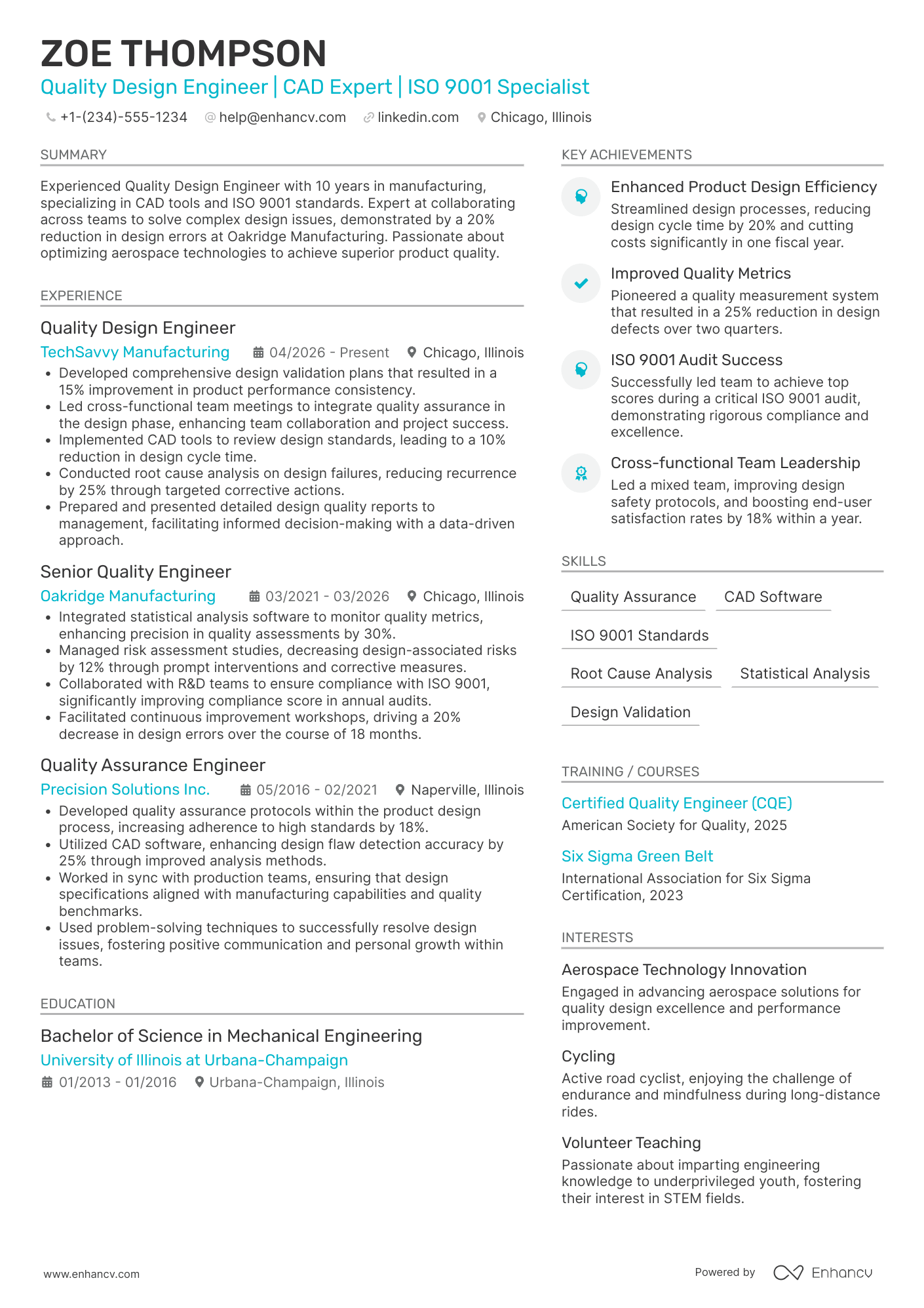 Quality Design Engineer Resume Example