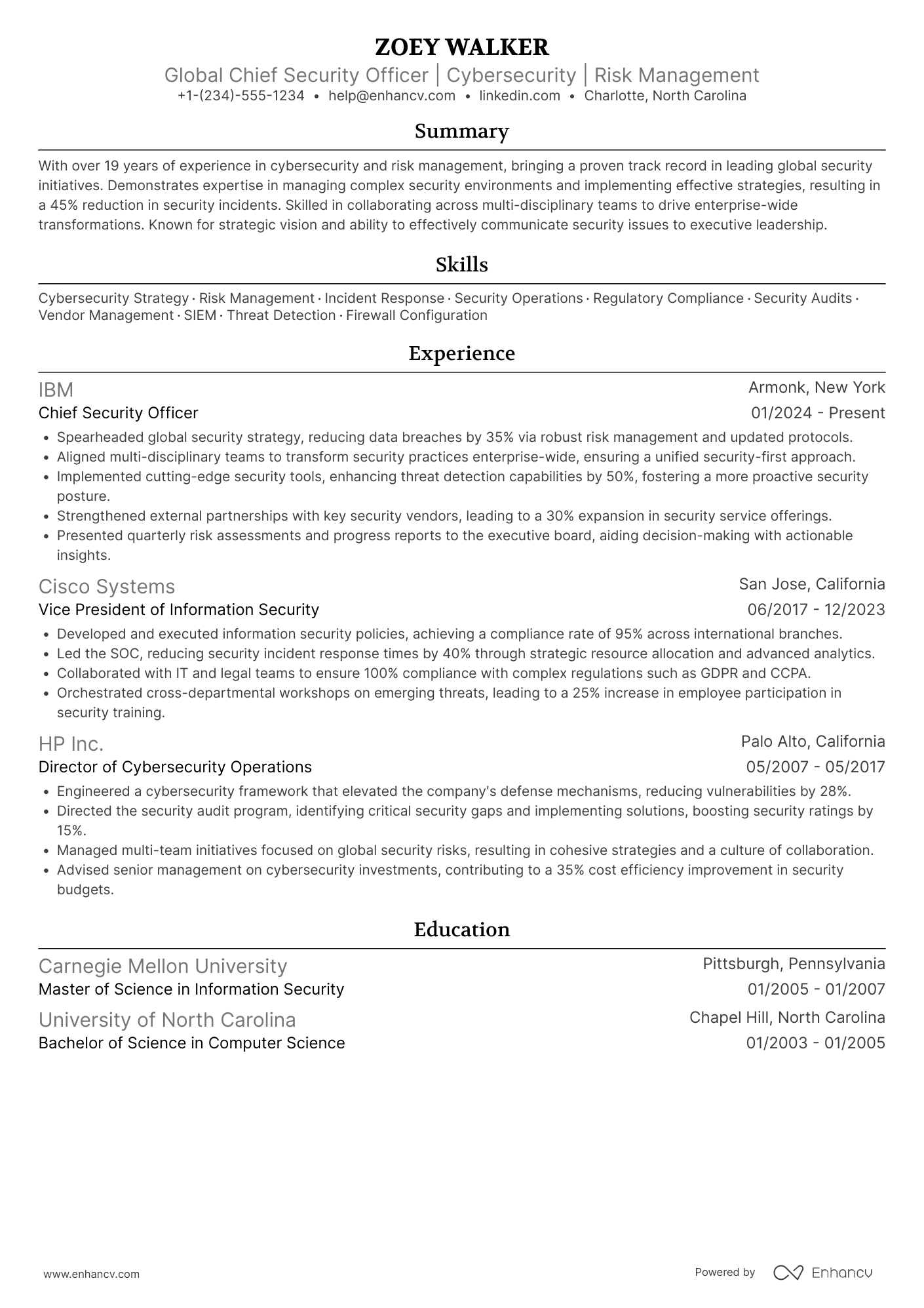 Global Chief Security Officer Resume Example