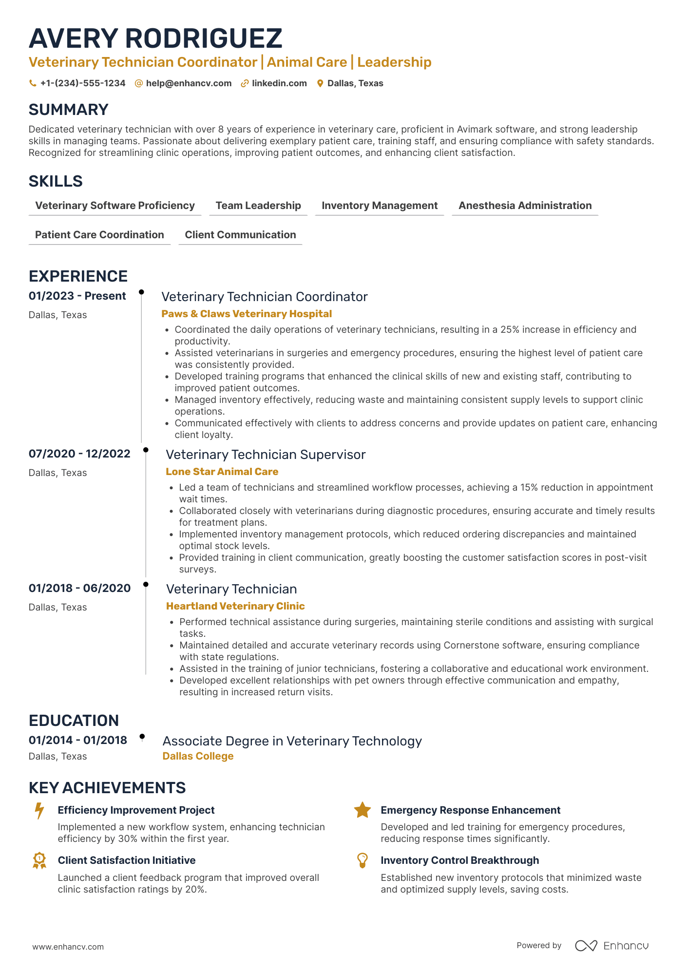 Veterinary Technician Coordinator Resume Example