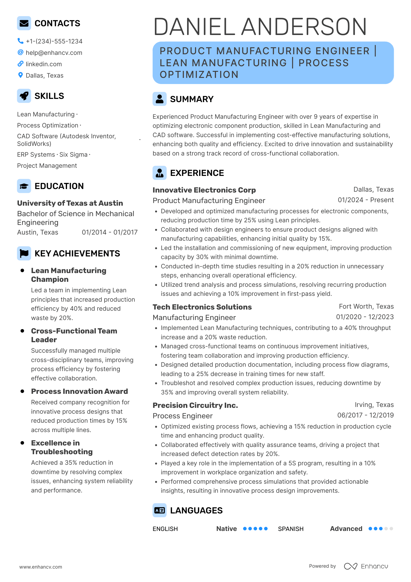Product Manufacturing Engineer Resume Example